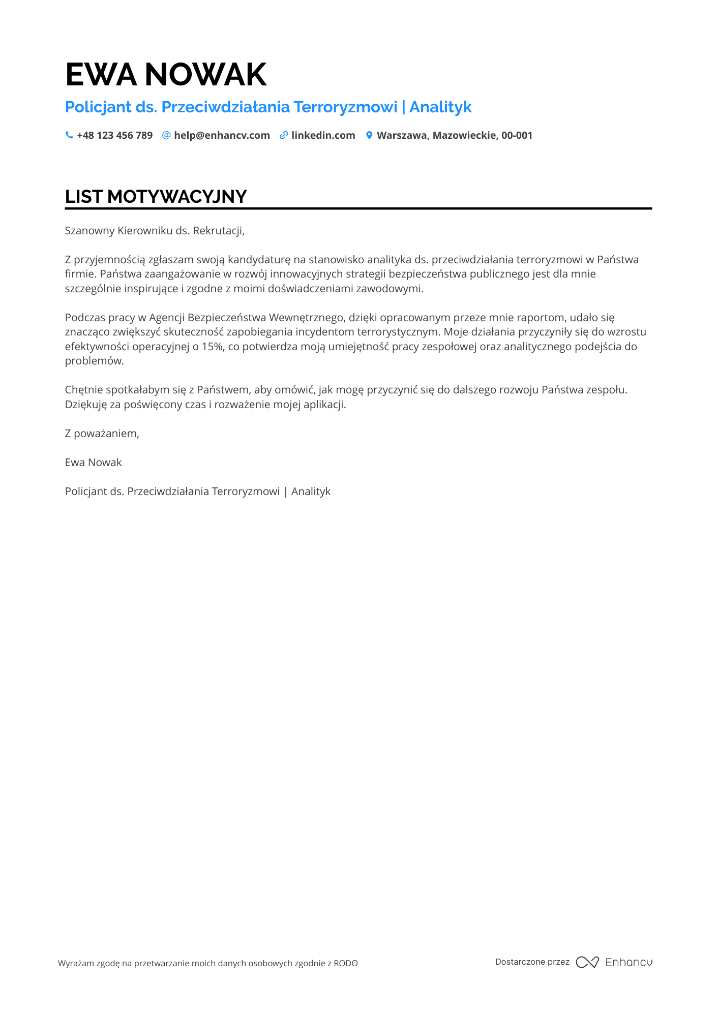 List motywacyjny dla Policjant ds. Przeciwdziałania Terroryzmowi
