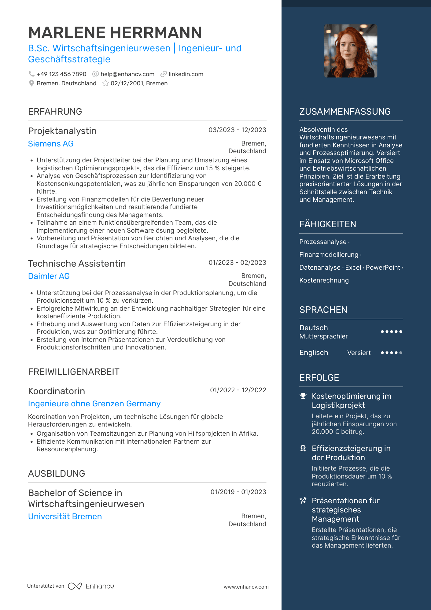 Lebenslauf als Wirtschaftsingenieur Praktikant