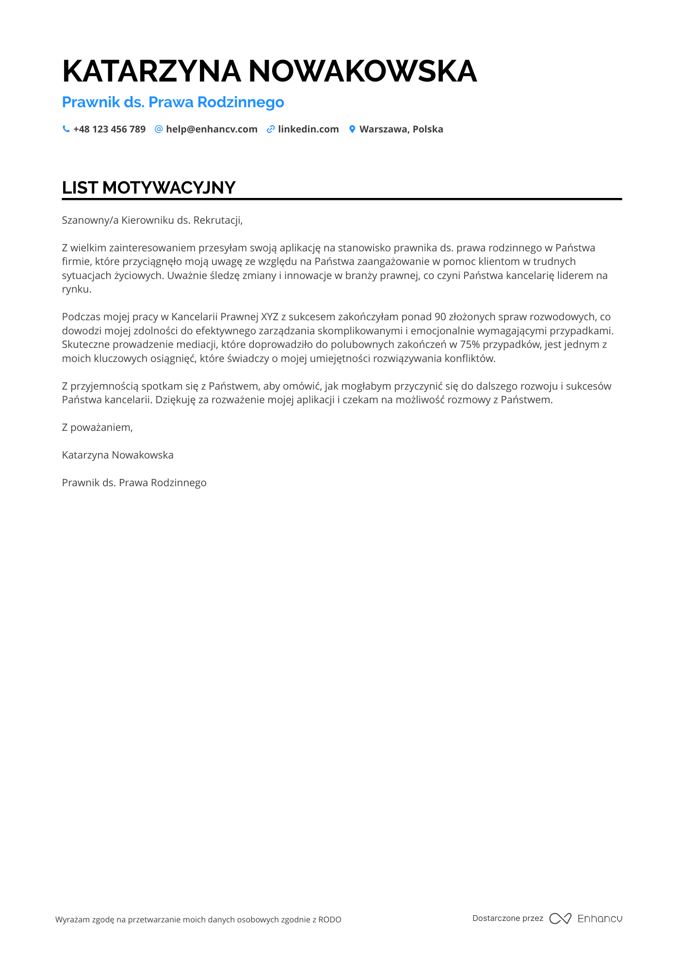 List motywacyjny dla Prawnik ds. Prawa Rodzinnego