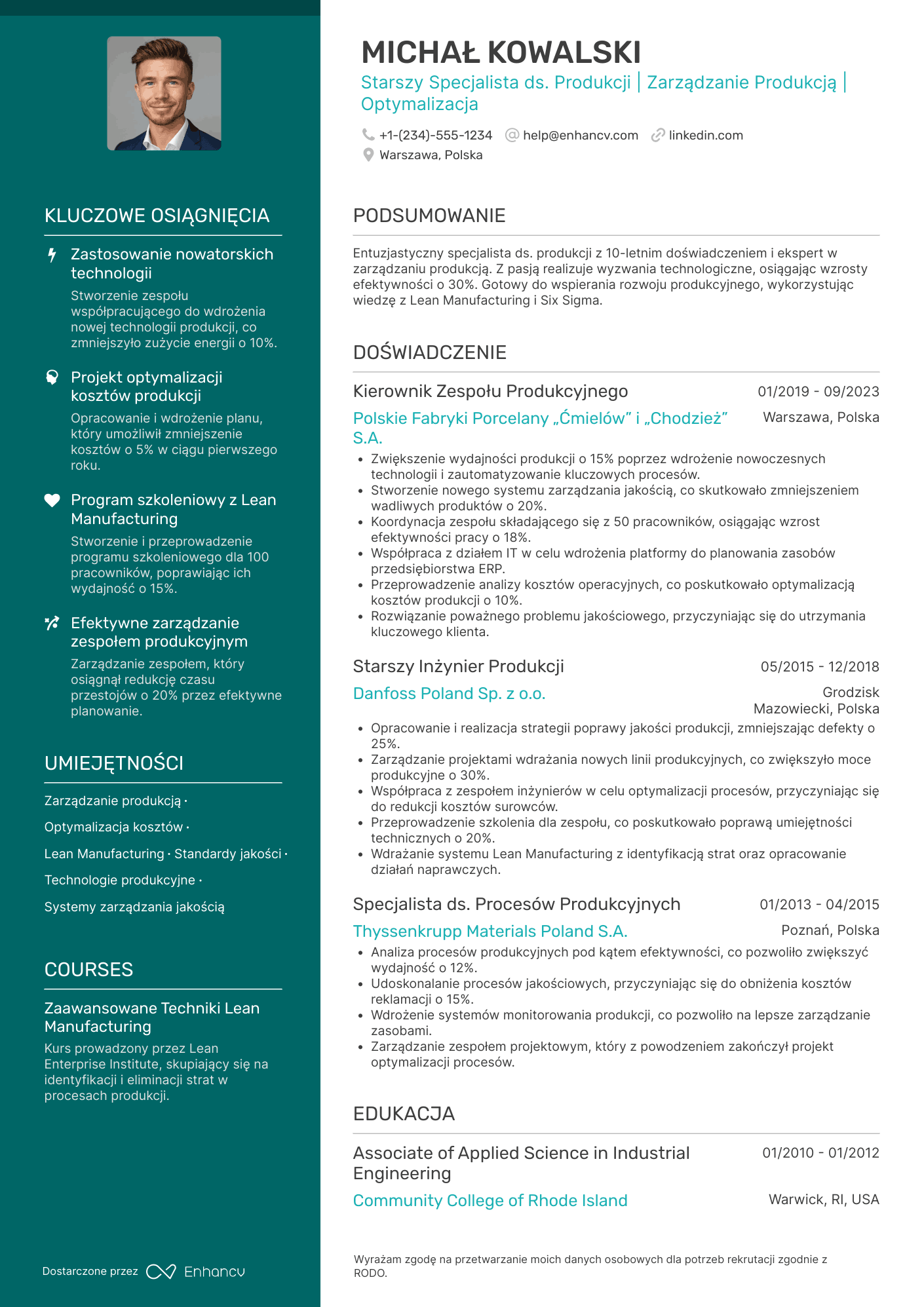 CV dla Pracownik Produkcji Starszy Specjalista