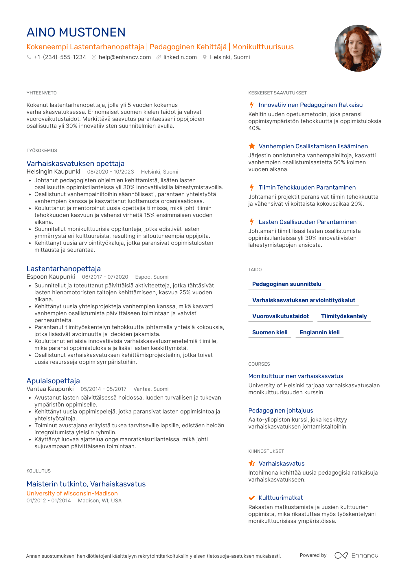 Ansioluettelo Kokeneempi lastentarhanopettaja