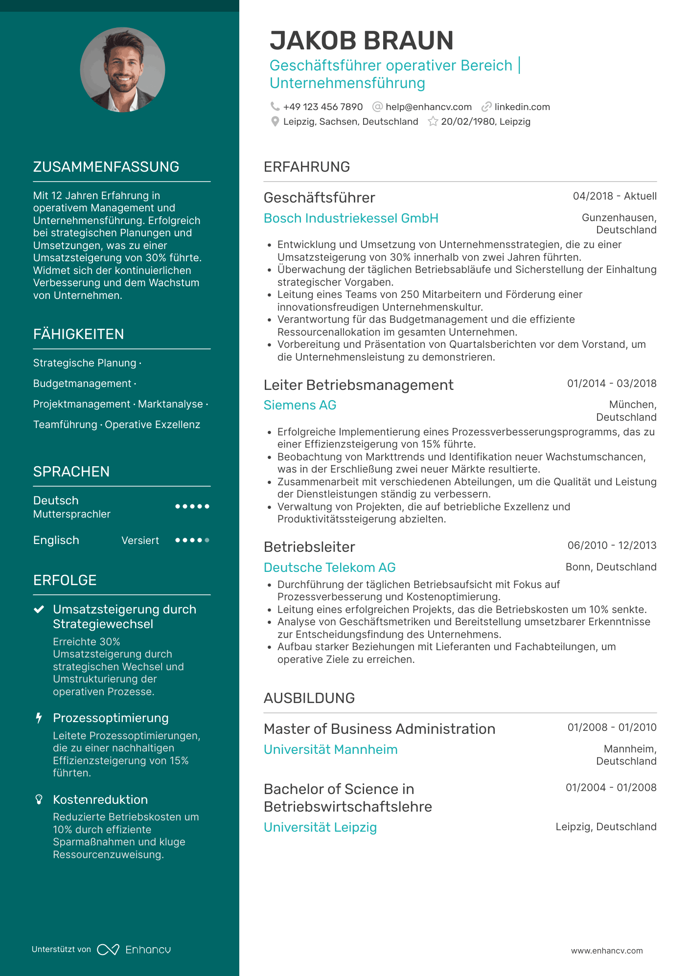 Lebenslauf als Geschäftsführer für Betriebsmanagement