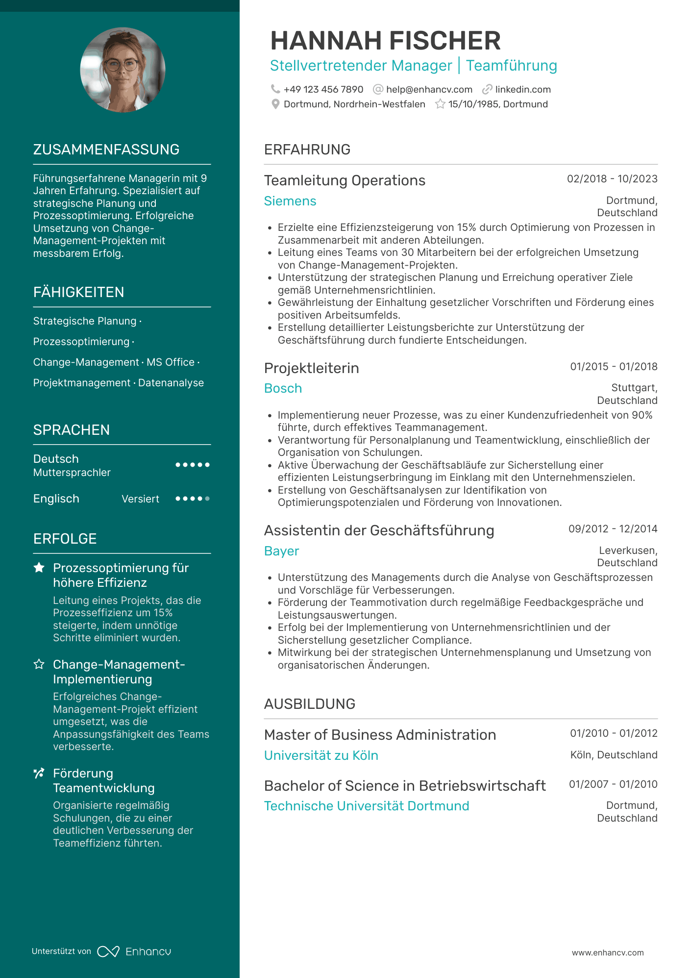 Lebenslauf als Stellvertretender Manager mit Erfahrung in der Teamführung