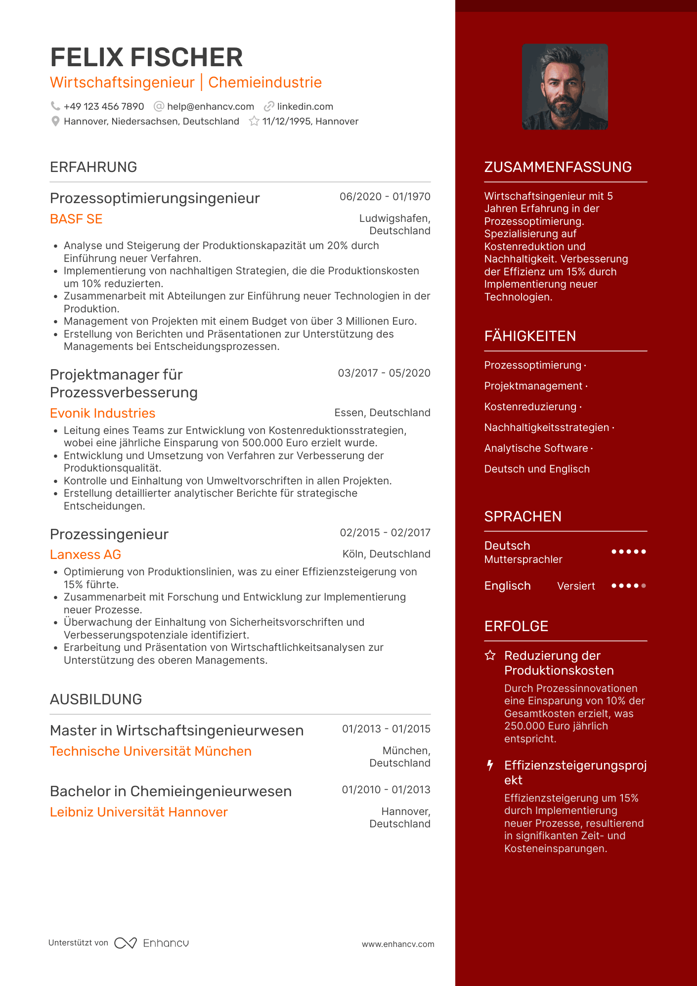 Lebenslauf in Wirtschaftsingenieur in der Chemieindustrie