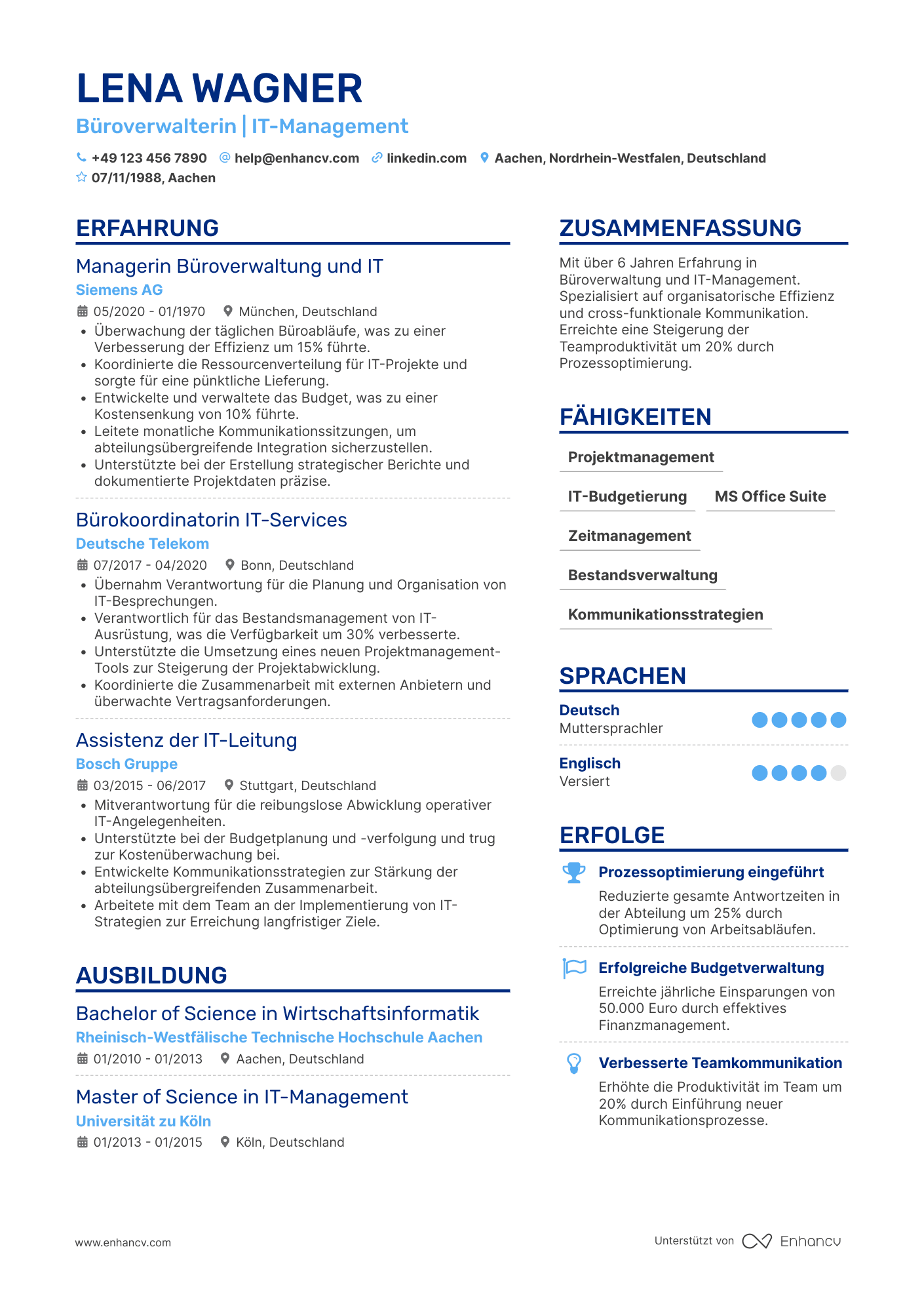 Lebenslauf als Büroverwalter für IT Management