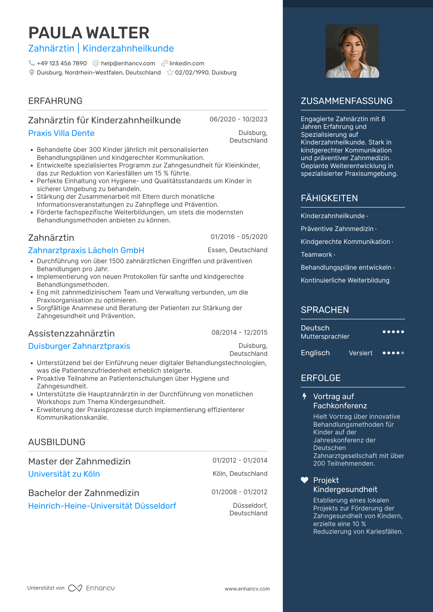 Lebenslauf als Zahnarzt für Kinderheilkunde