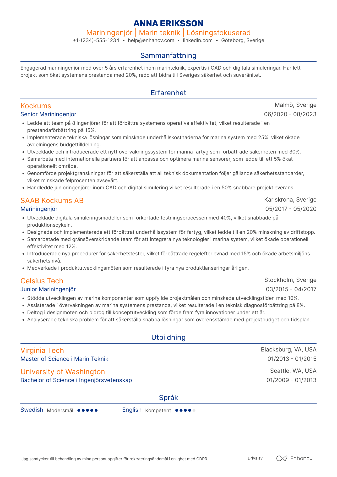 CV för Försvaret Mariningenjör