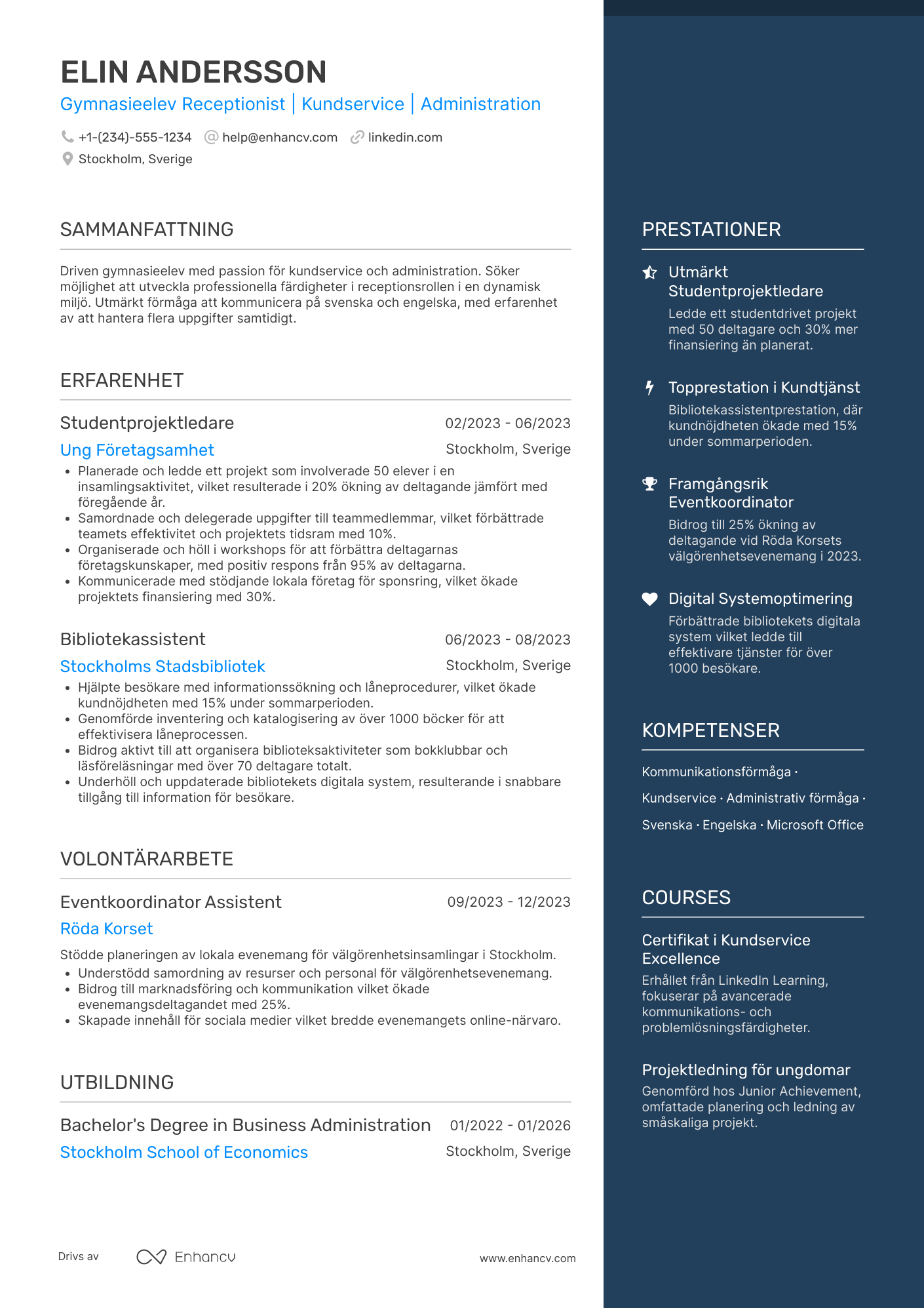 CV för Gymnasieelev Receptionist