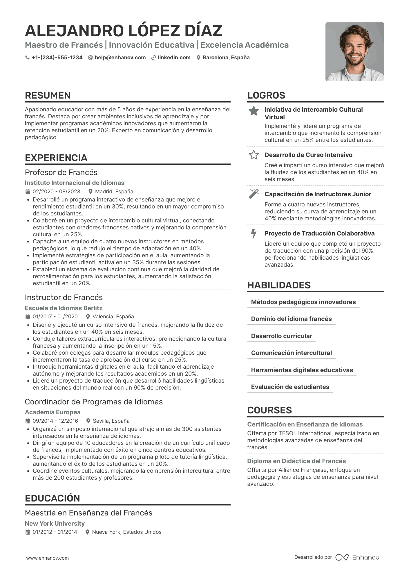 CV en francés de maestro (Enseignant)