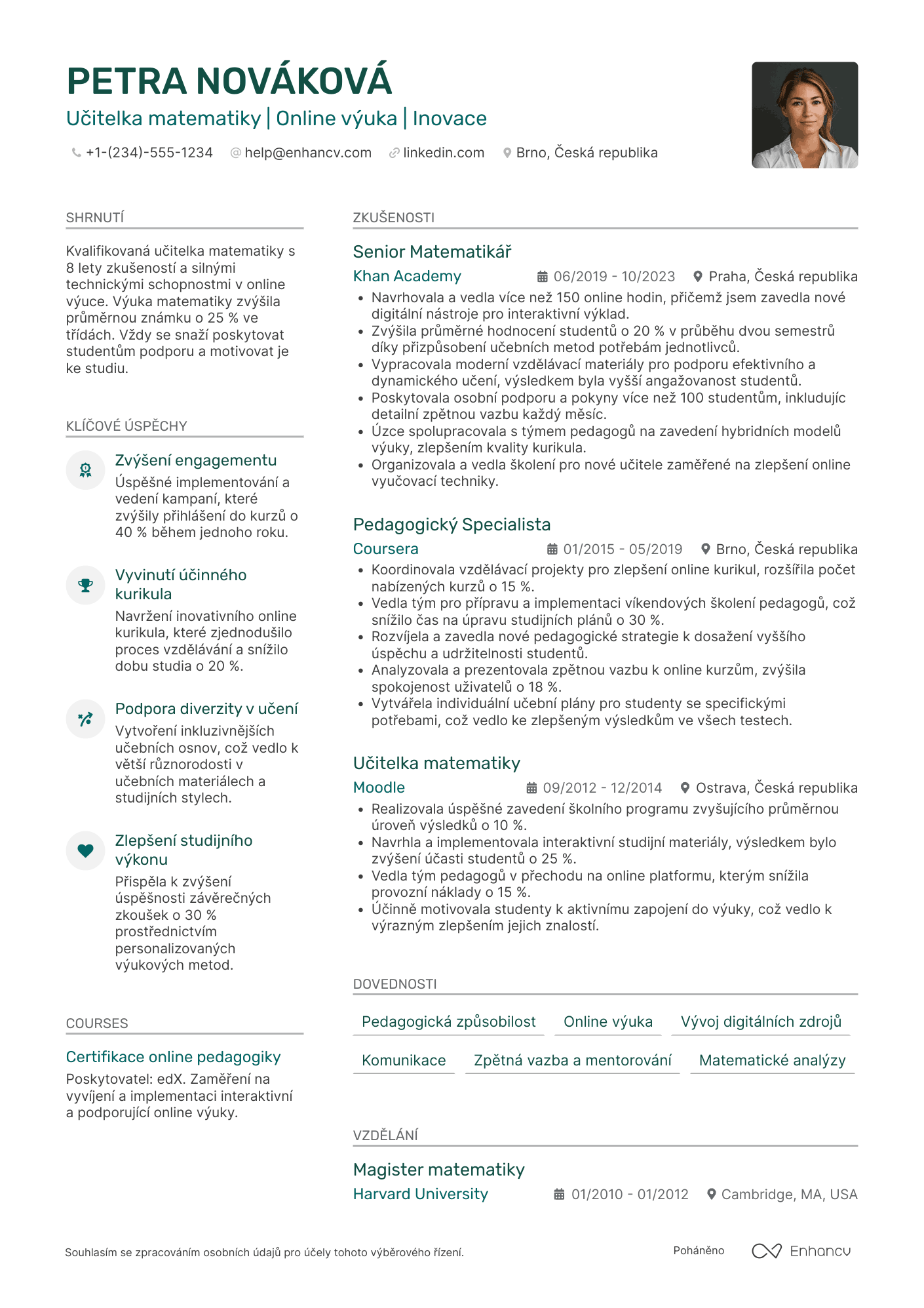 Životopis pro Učitel matematiky v online škole