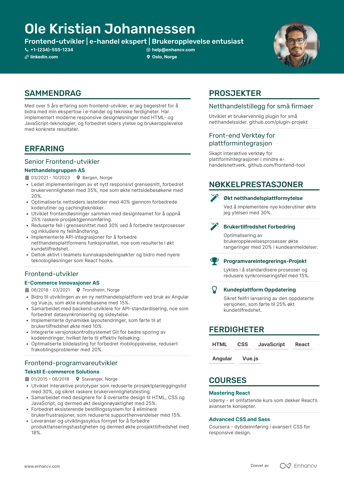 CV for Frontend‑utvikler i e handel