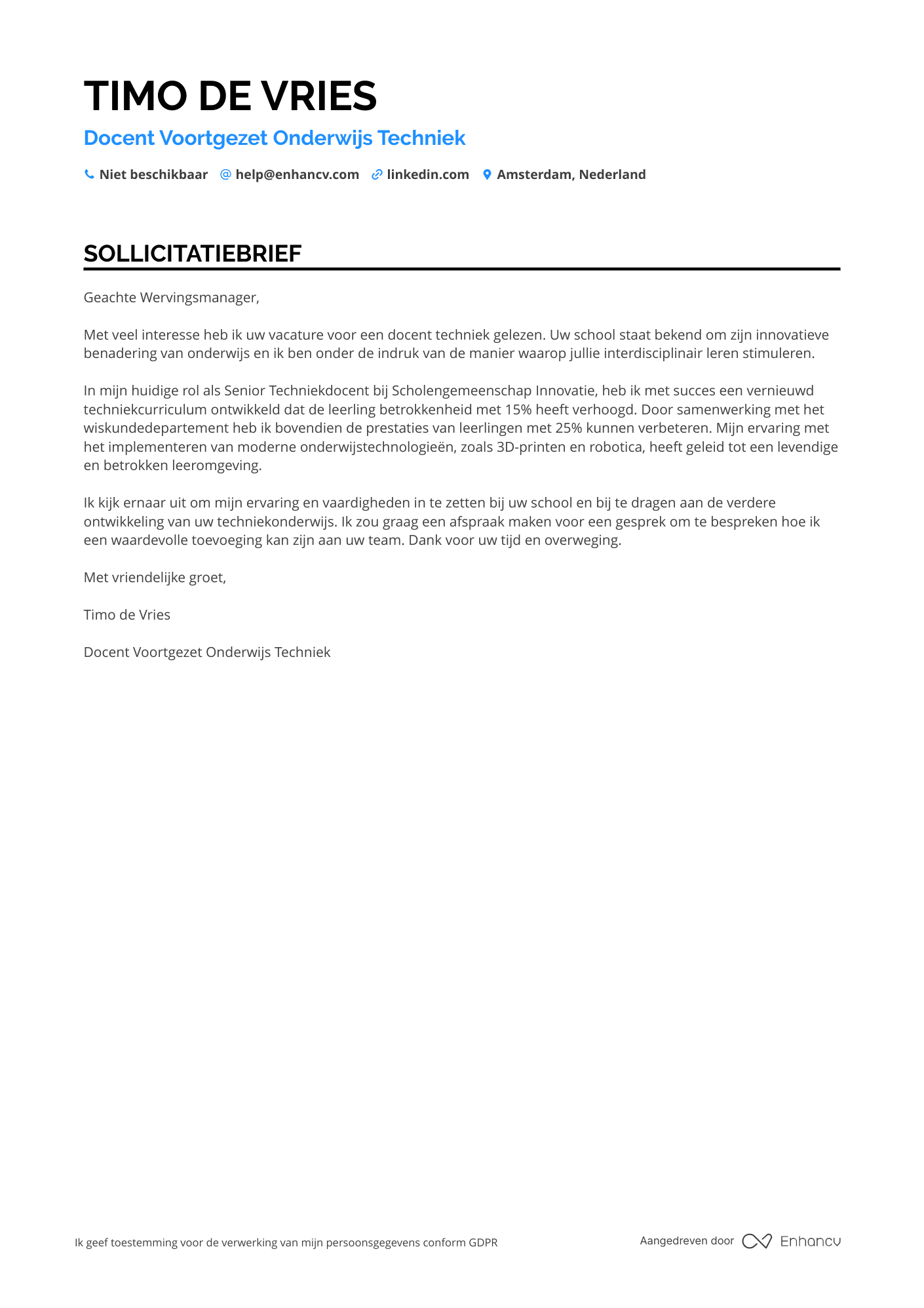 Sollicitatiebrief voor Docent Voortgezet Onderwijs Techniek