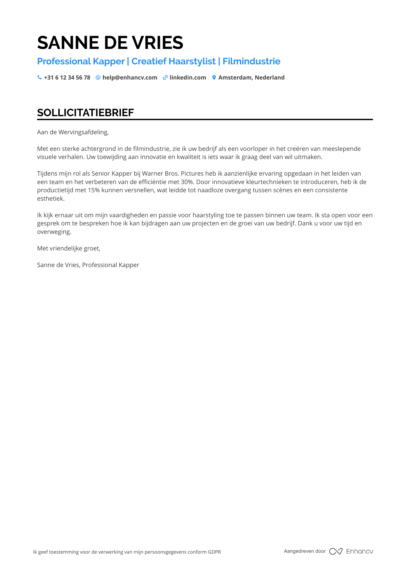 Sollicitatiebrief voor Kapper in Filmindustrie