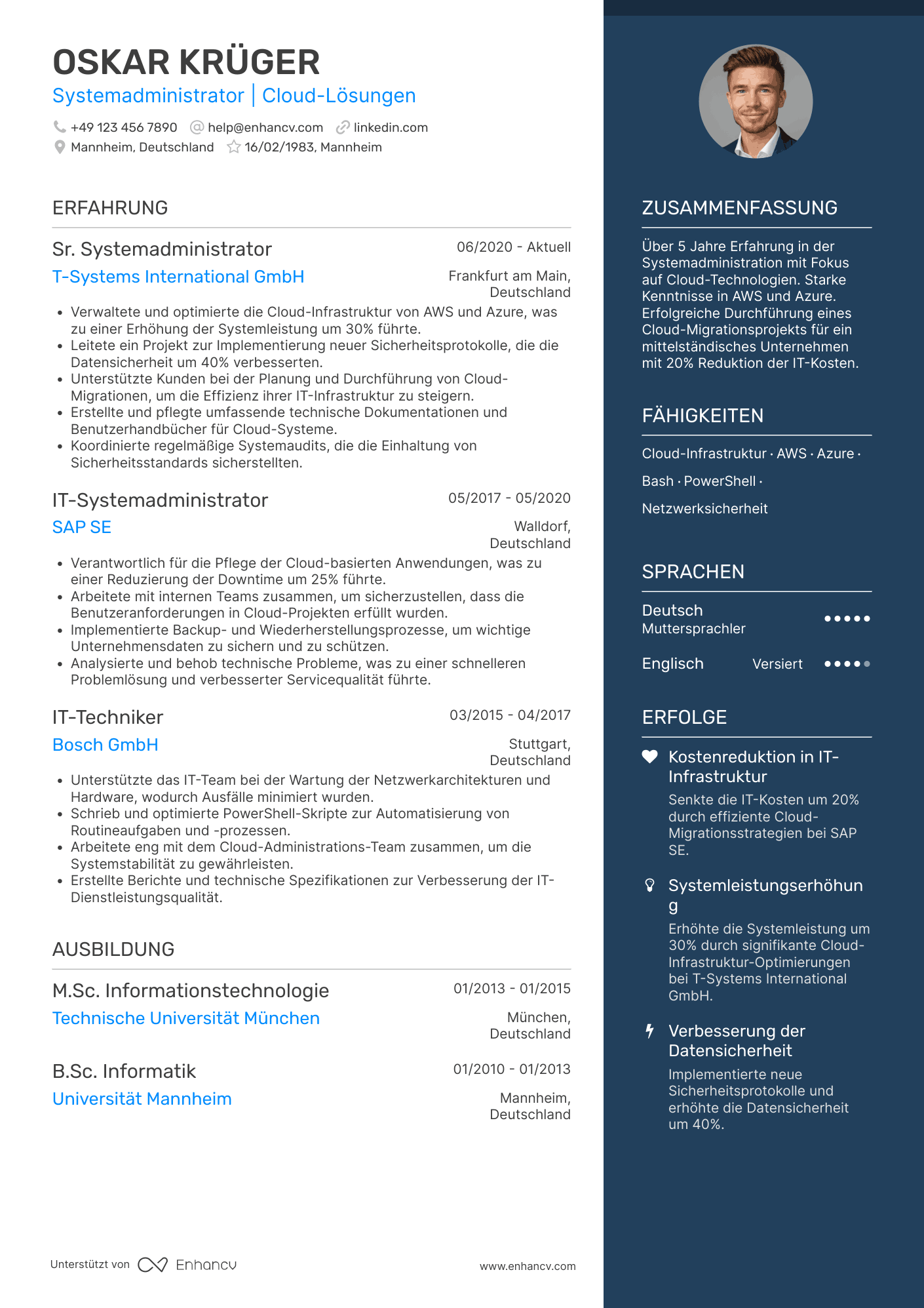 Lebenslauf als Systemadministrator mit Schwerpunkt Cloud Lösungen