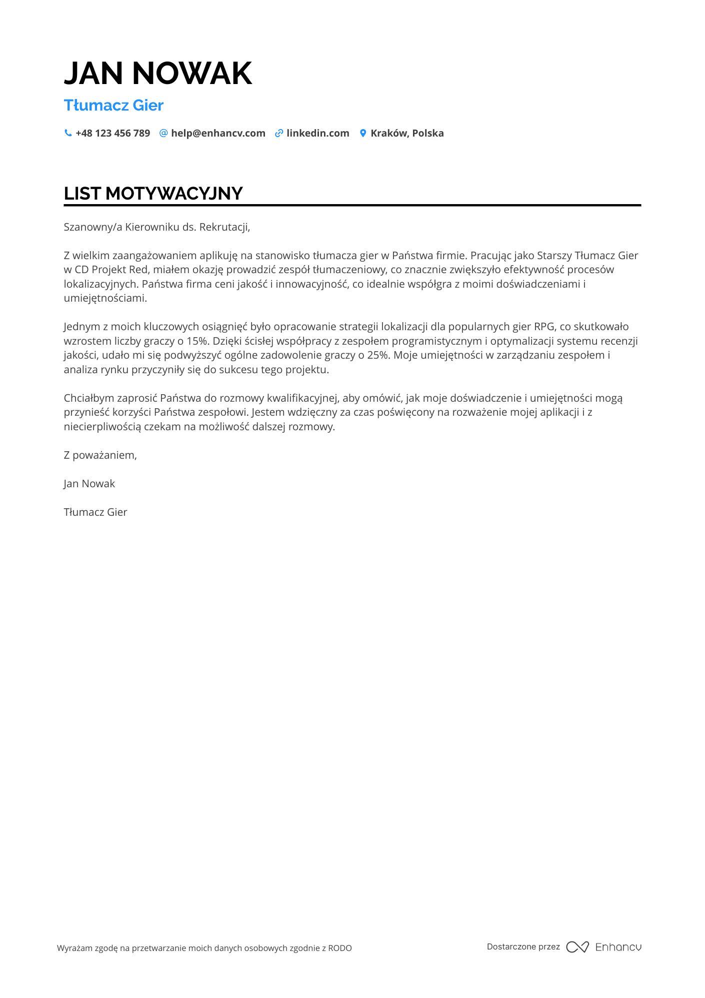 List motywacyjny dla Tłumacz Gier