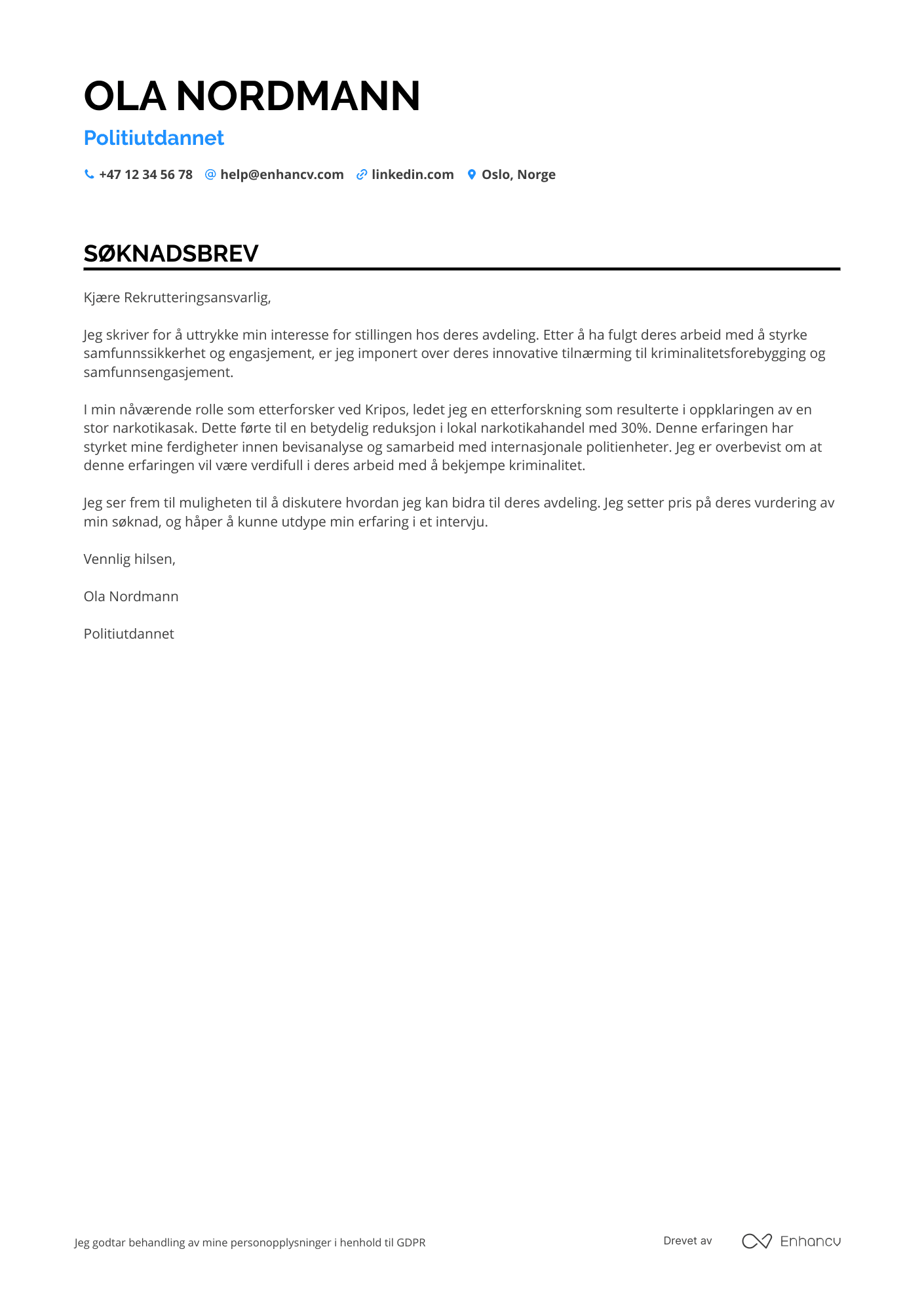 Søknadsbrev for Nyansatt politibetjent