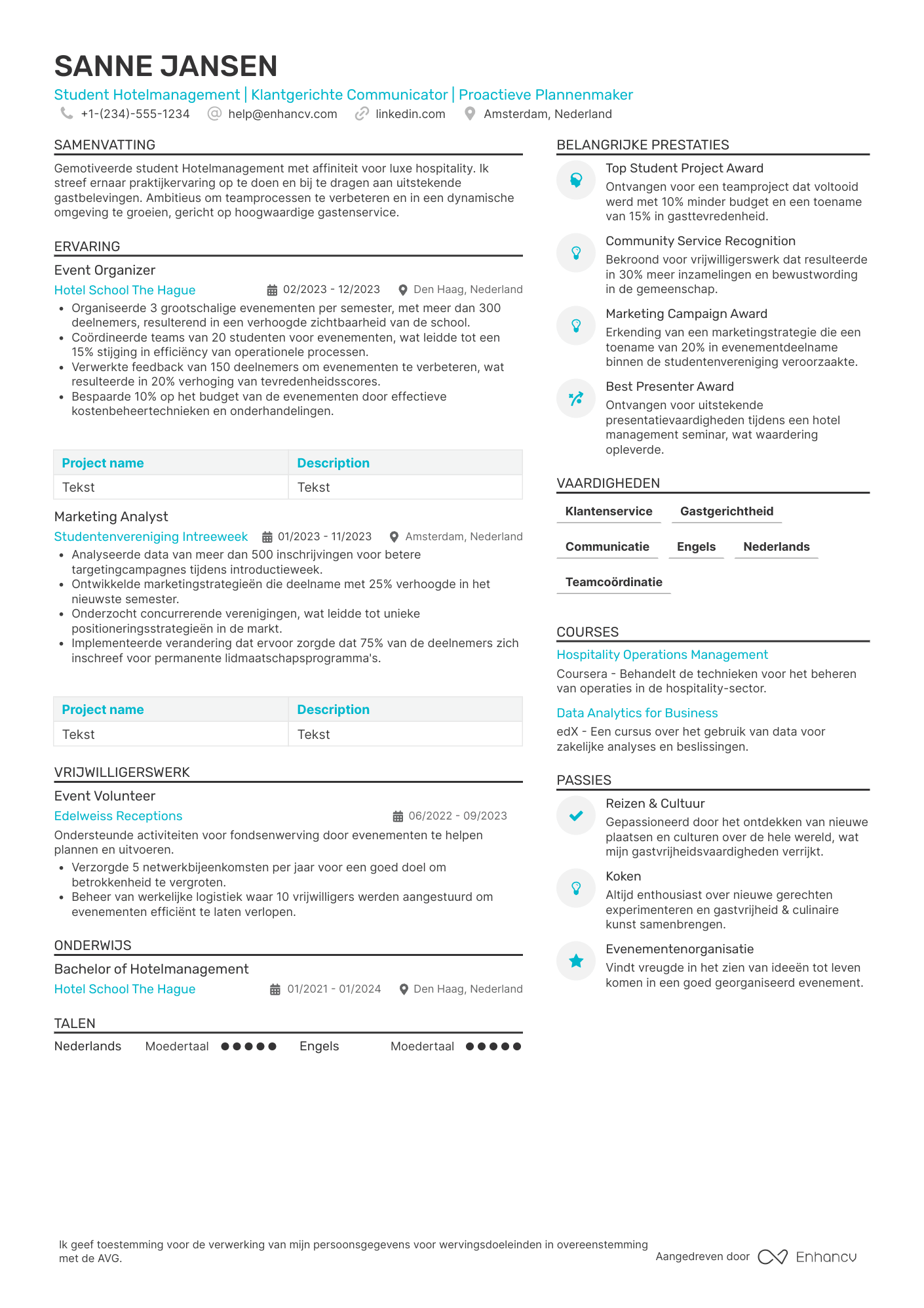 CV voor Hotel Management Intern