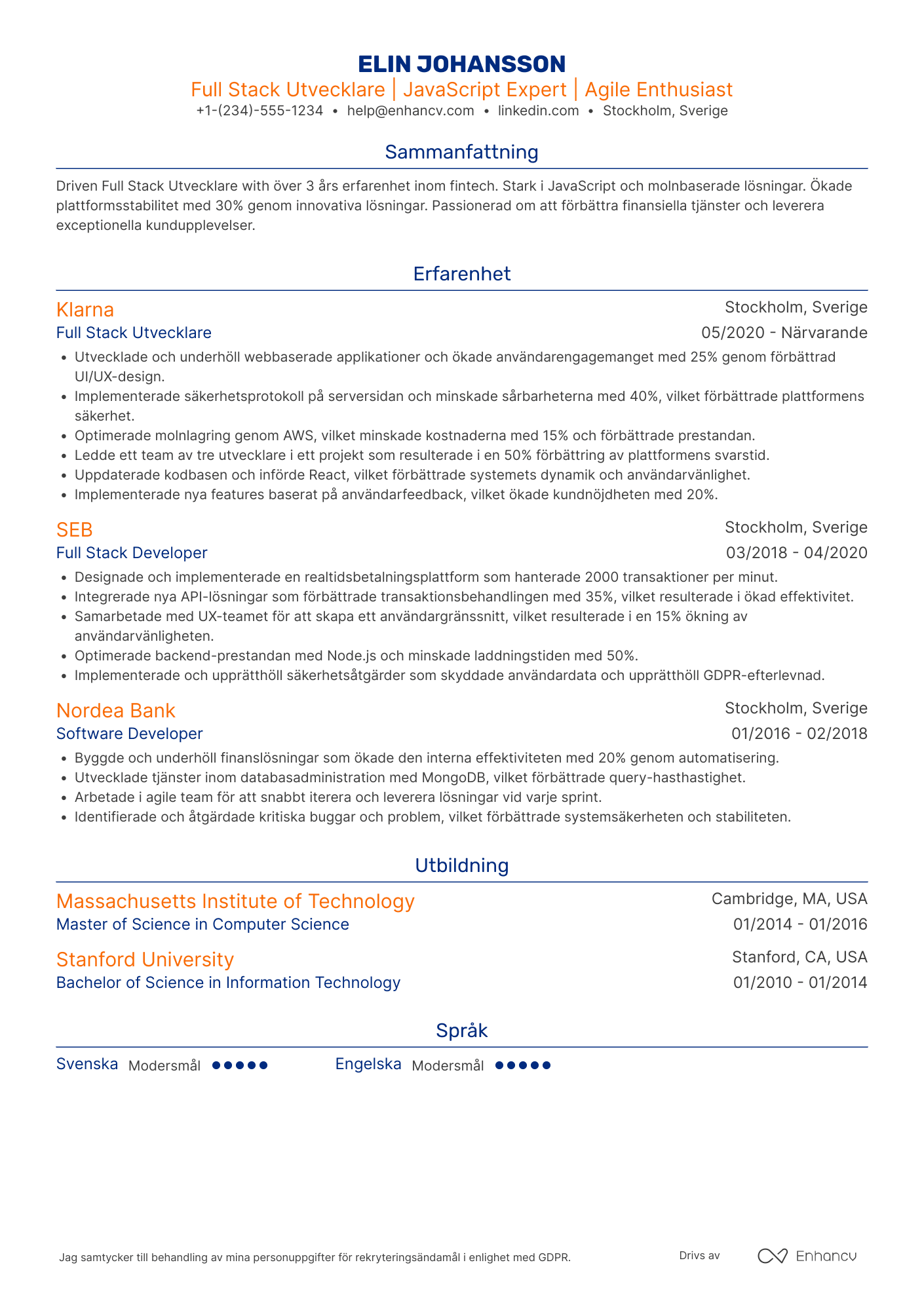 CV för Full Stack Utvecklare Fintech