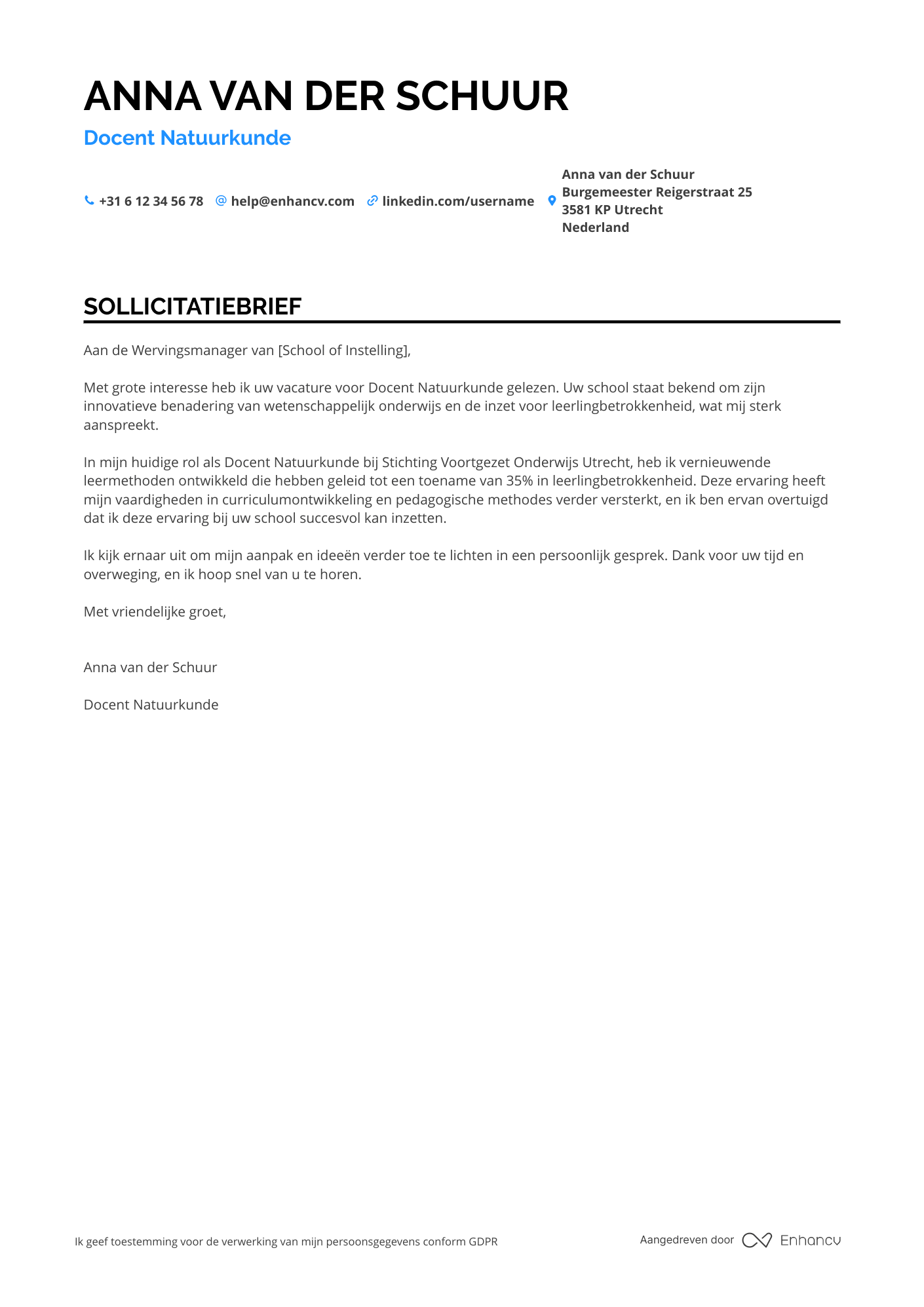 Sollicitatiebrief voor Docent Voortgezet Onderwijs Natuurkunde