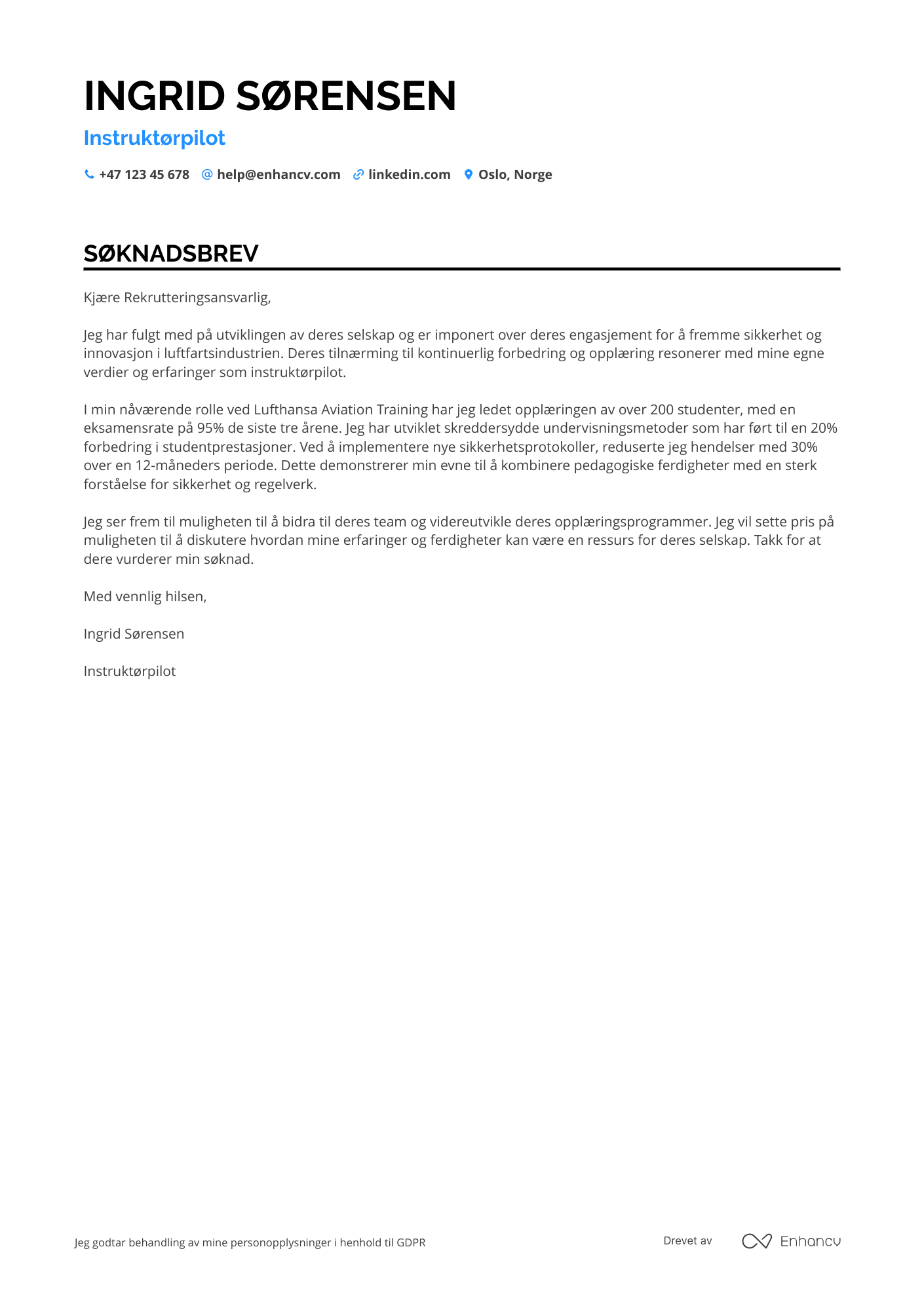 Søknadsbrev for Instruktørpilot