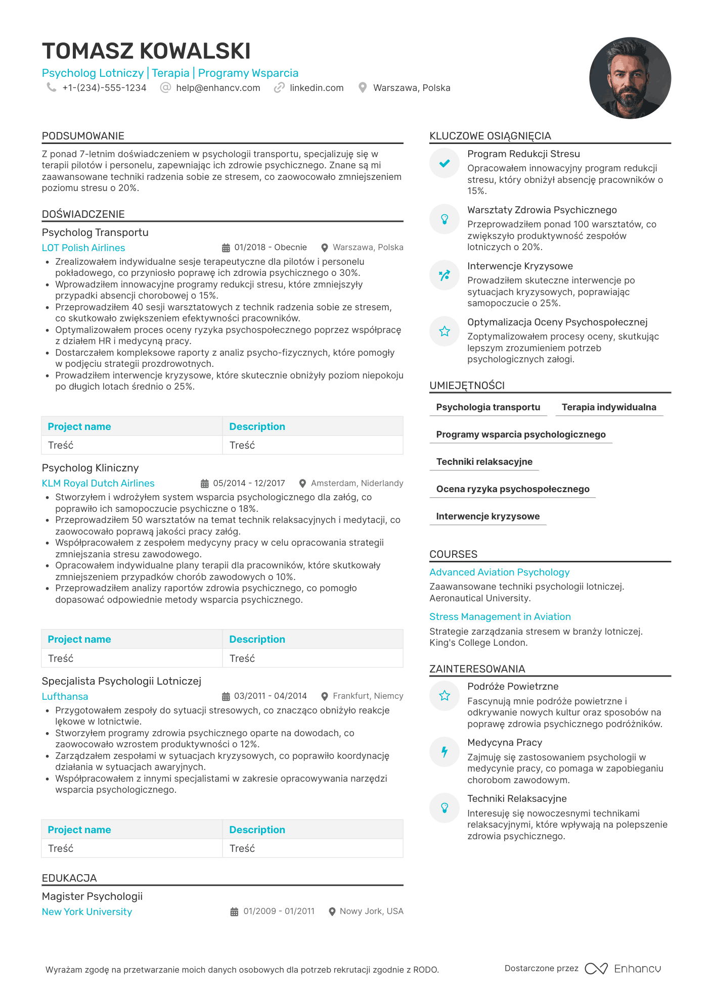 CV dla Psycholog lotniczy