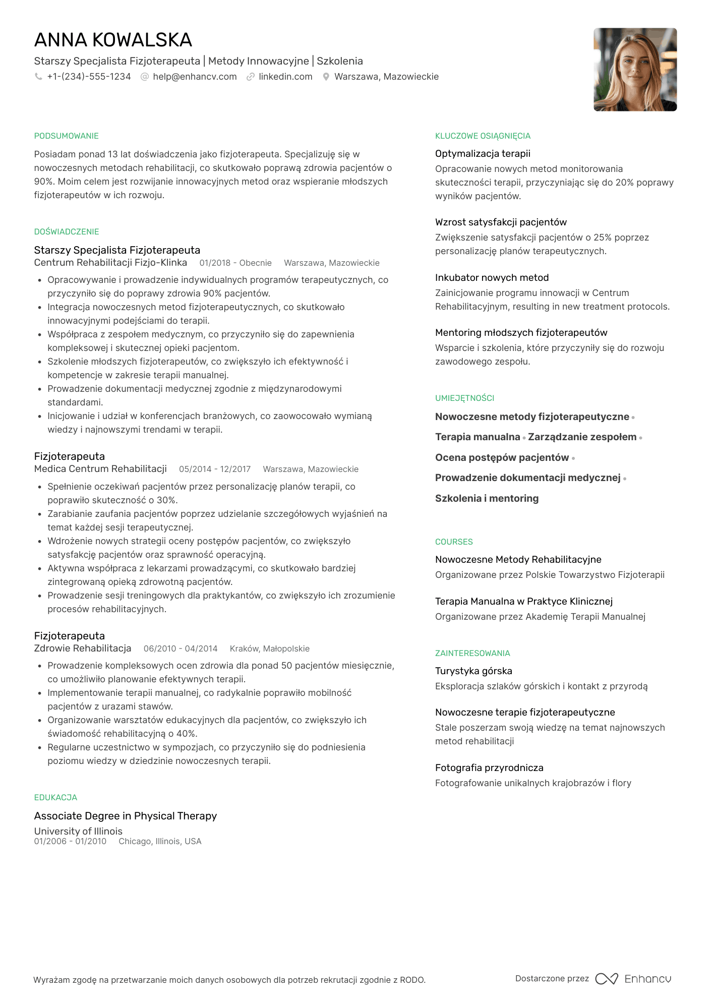 CV dla Fizjoterapeuta Starszy Specjalista