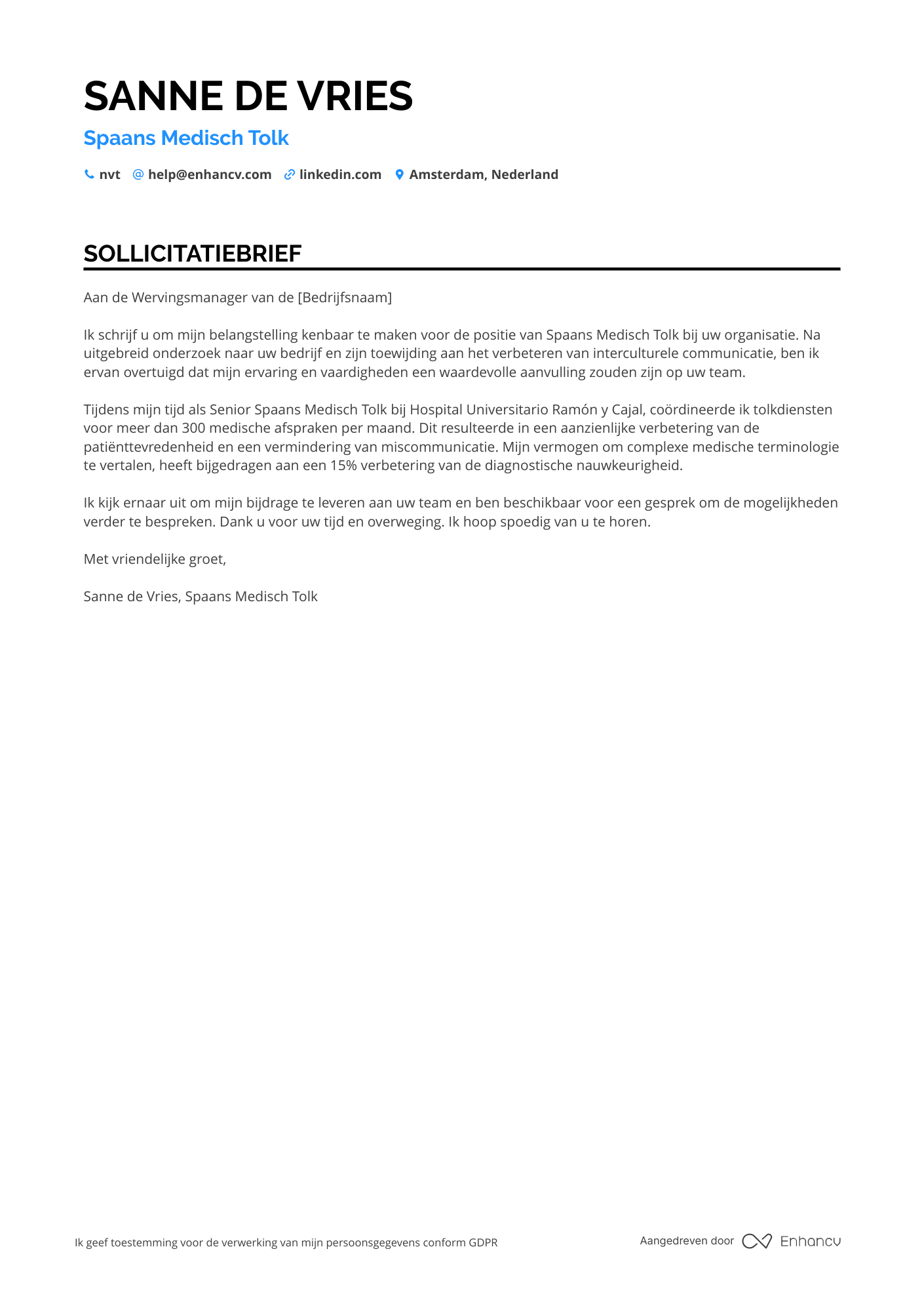 Sollicitatiebrief voor Spaans Medisch Tolk