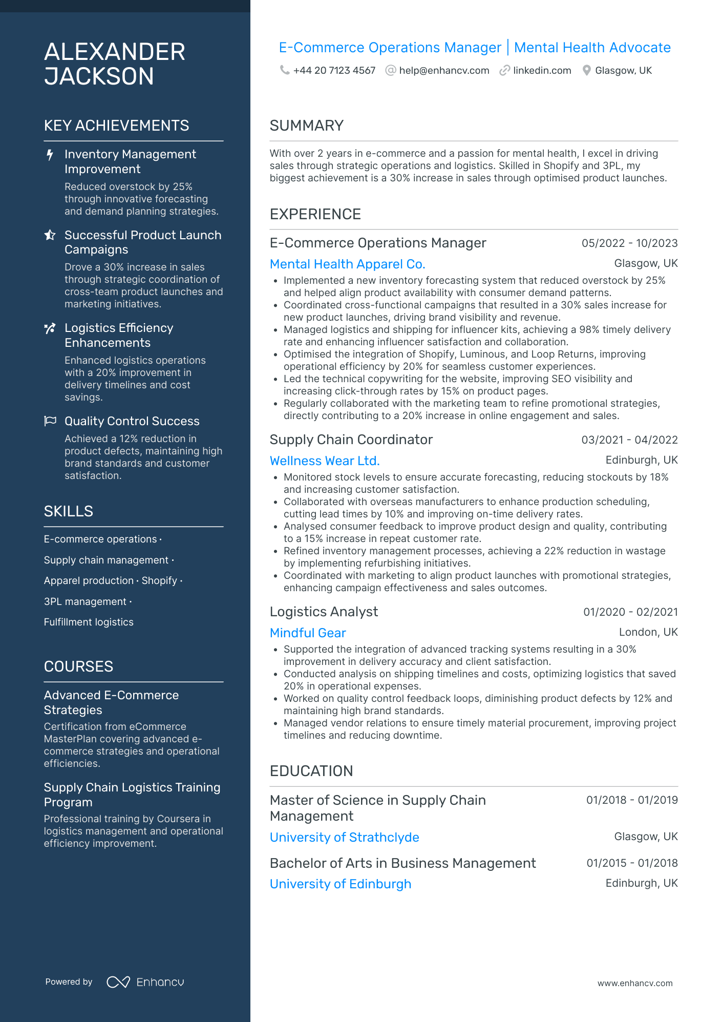 E commerce Delivery Operations Manager CV Examples