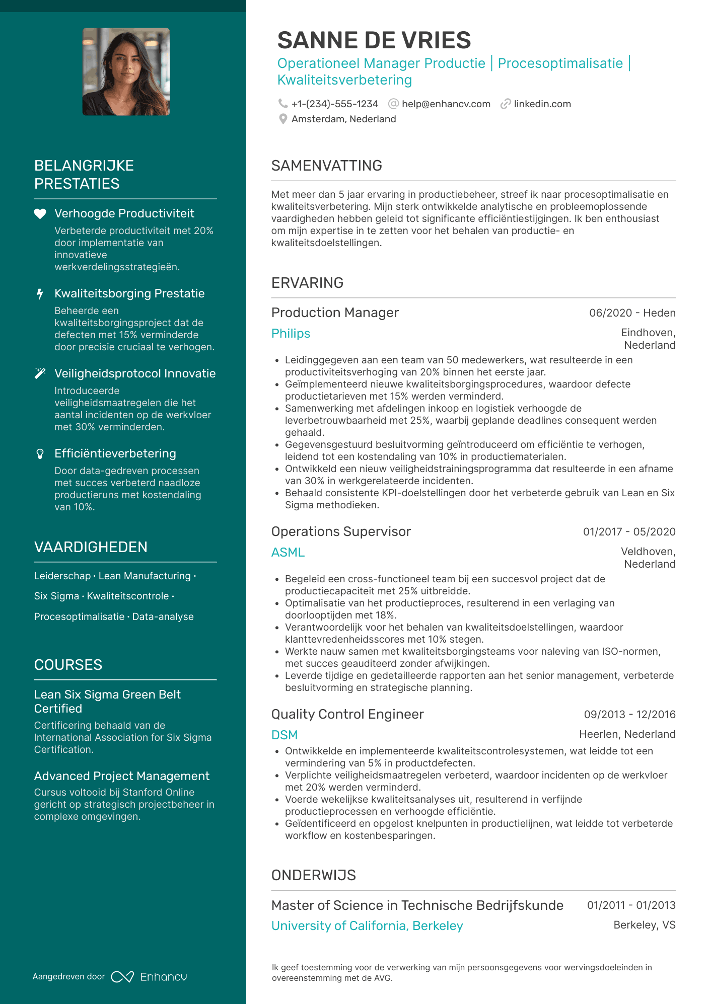 CV voor Operationeel Manager Productie