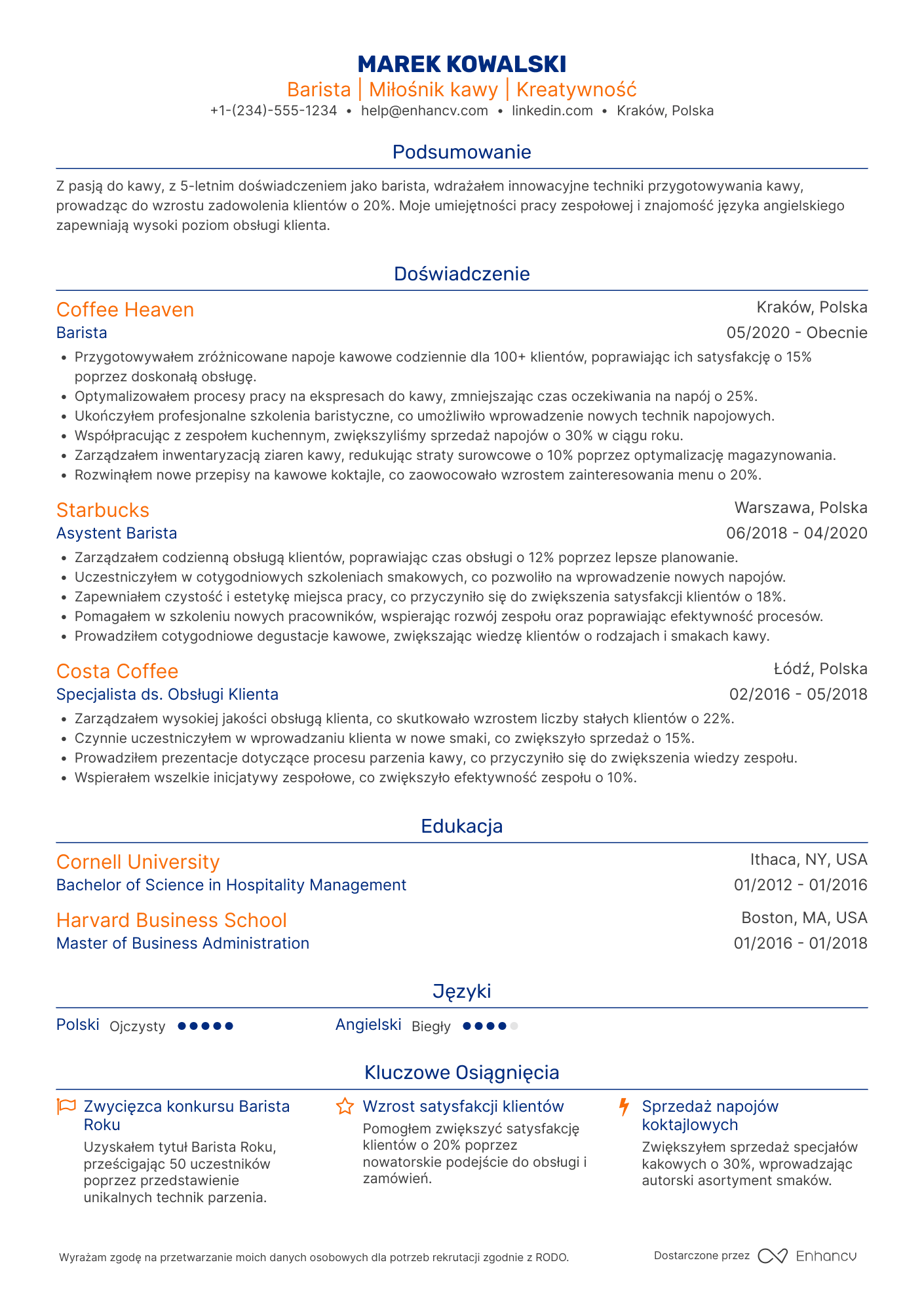 CV dla Restaurant Barista