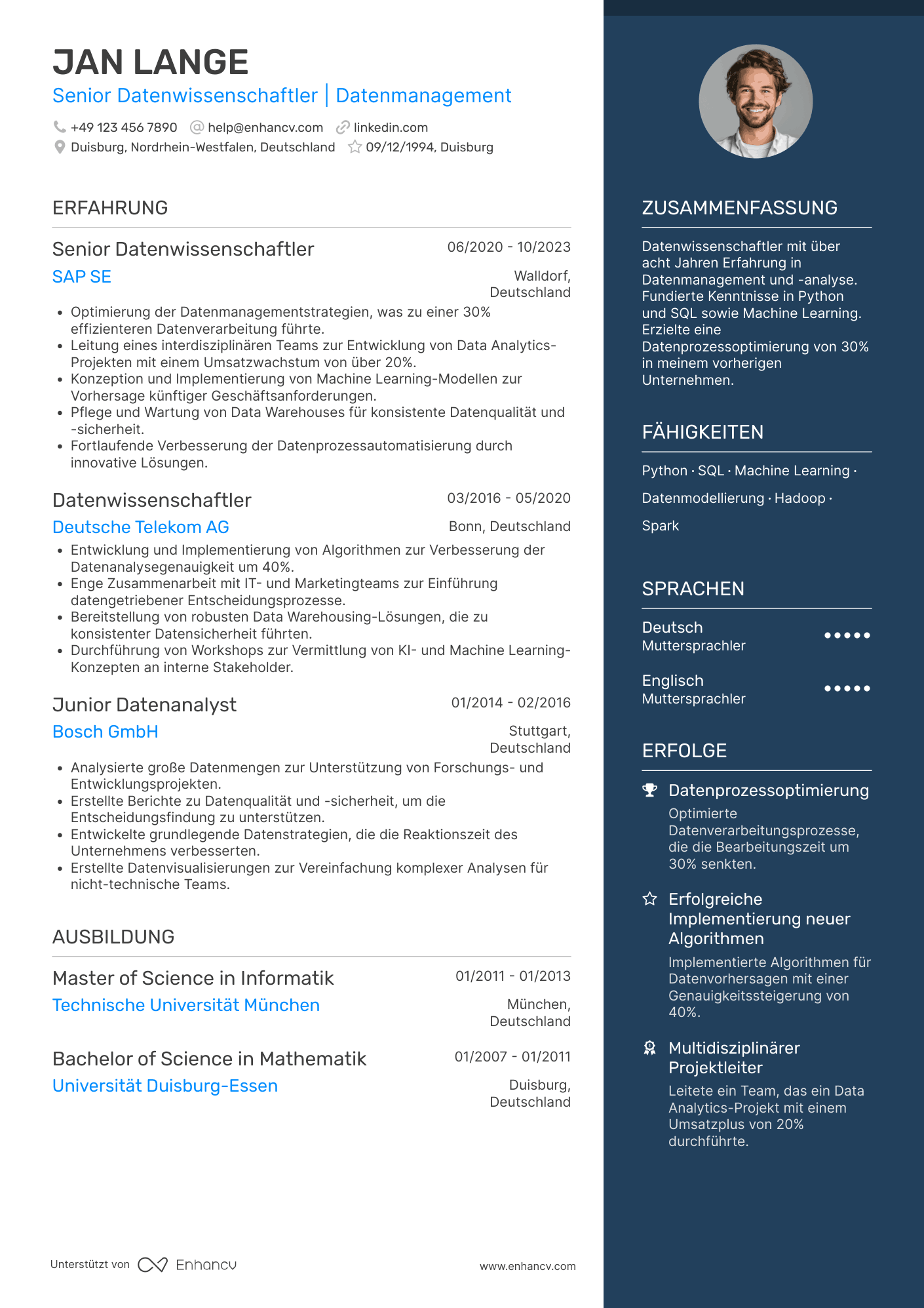 Lebenslauf als Datenwissenschaftler für Datenmanagement