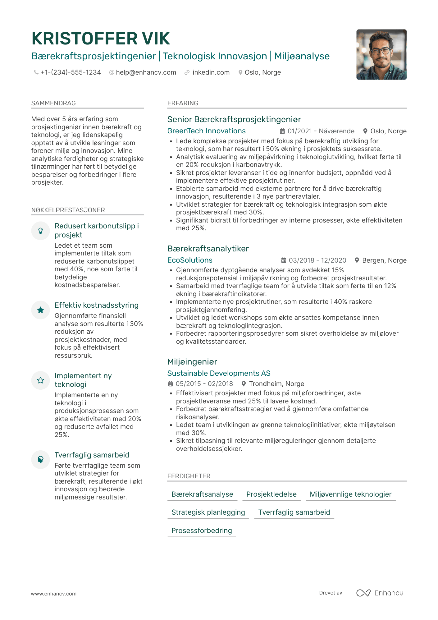 CV for Bærekraftsprosjektingeniør i Teknologi