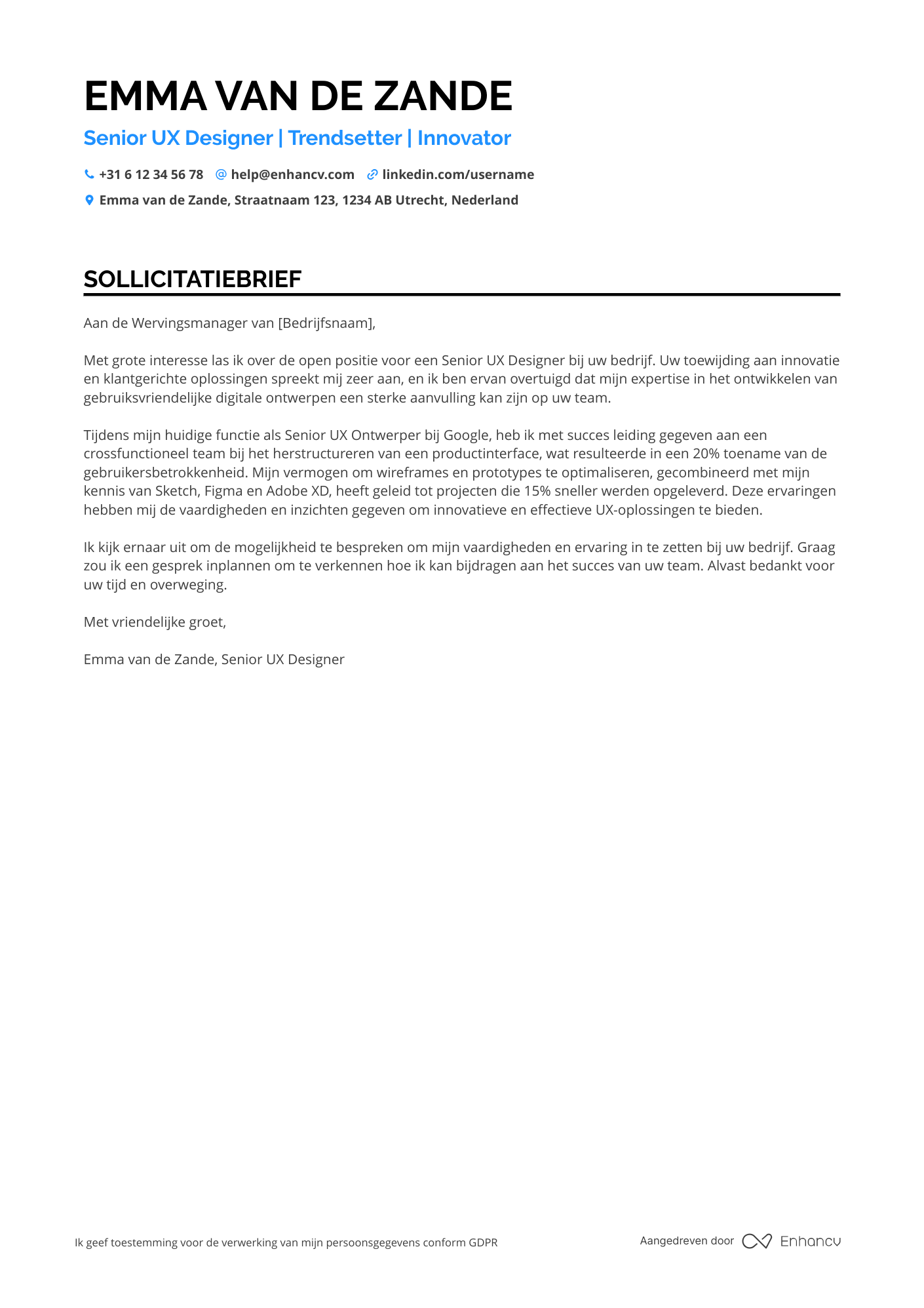 Sollicitatiebrief voor Senior UX Ontwerper