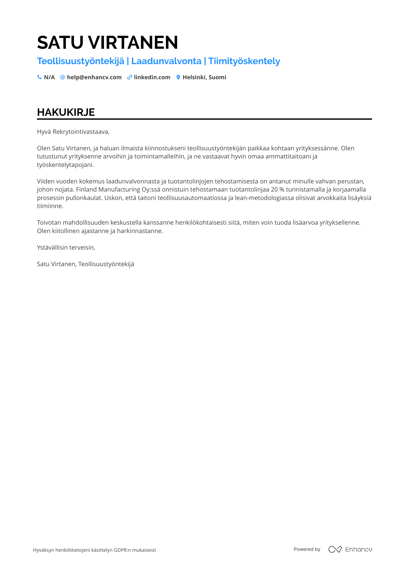 Hakukirje Teollisuustyöntekijä Valmistus