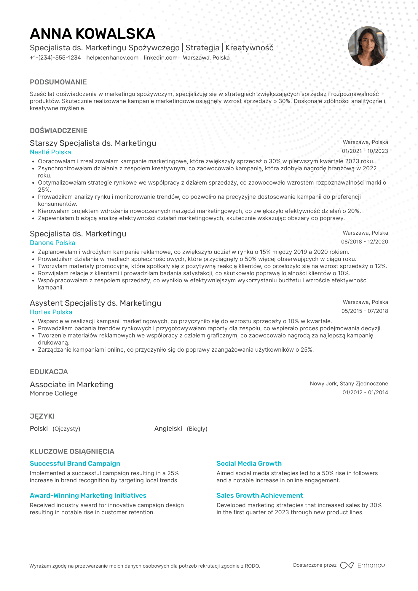 CV dla Specjalista ds. Marketingu Spożywczego
