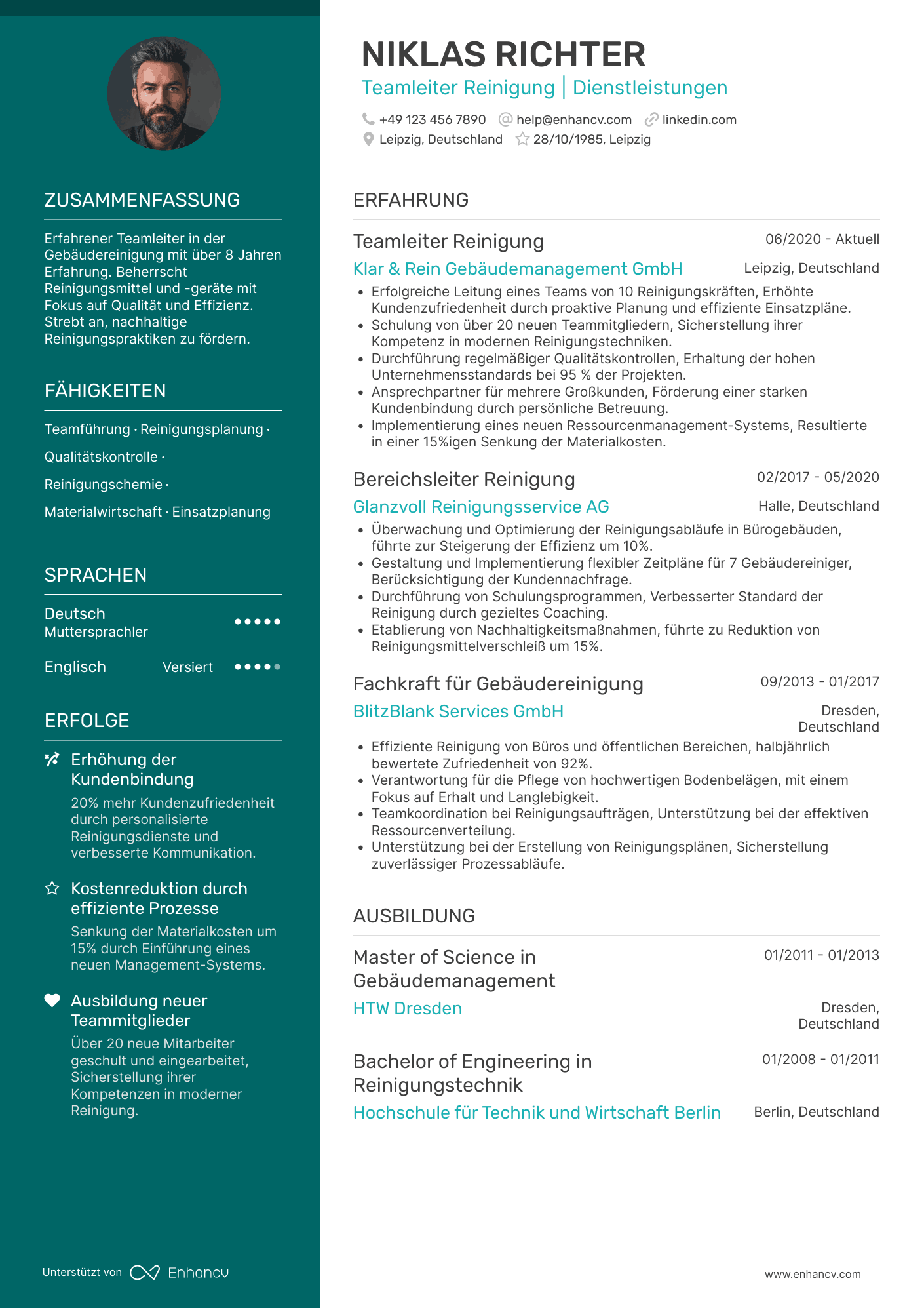 Lebenslauf als Reinigungskraft mit Führungserfahrung