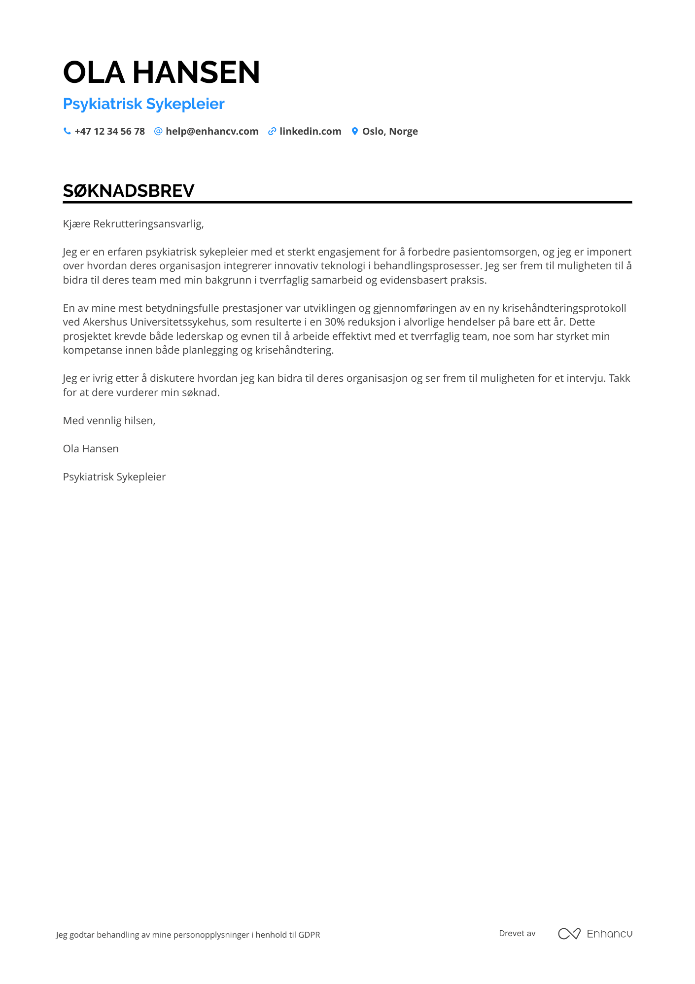 Søknadsbrev for Psykiatrisk Sykepleier