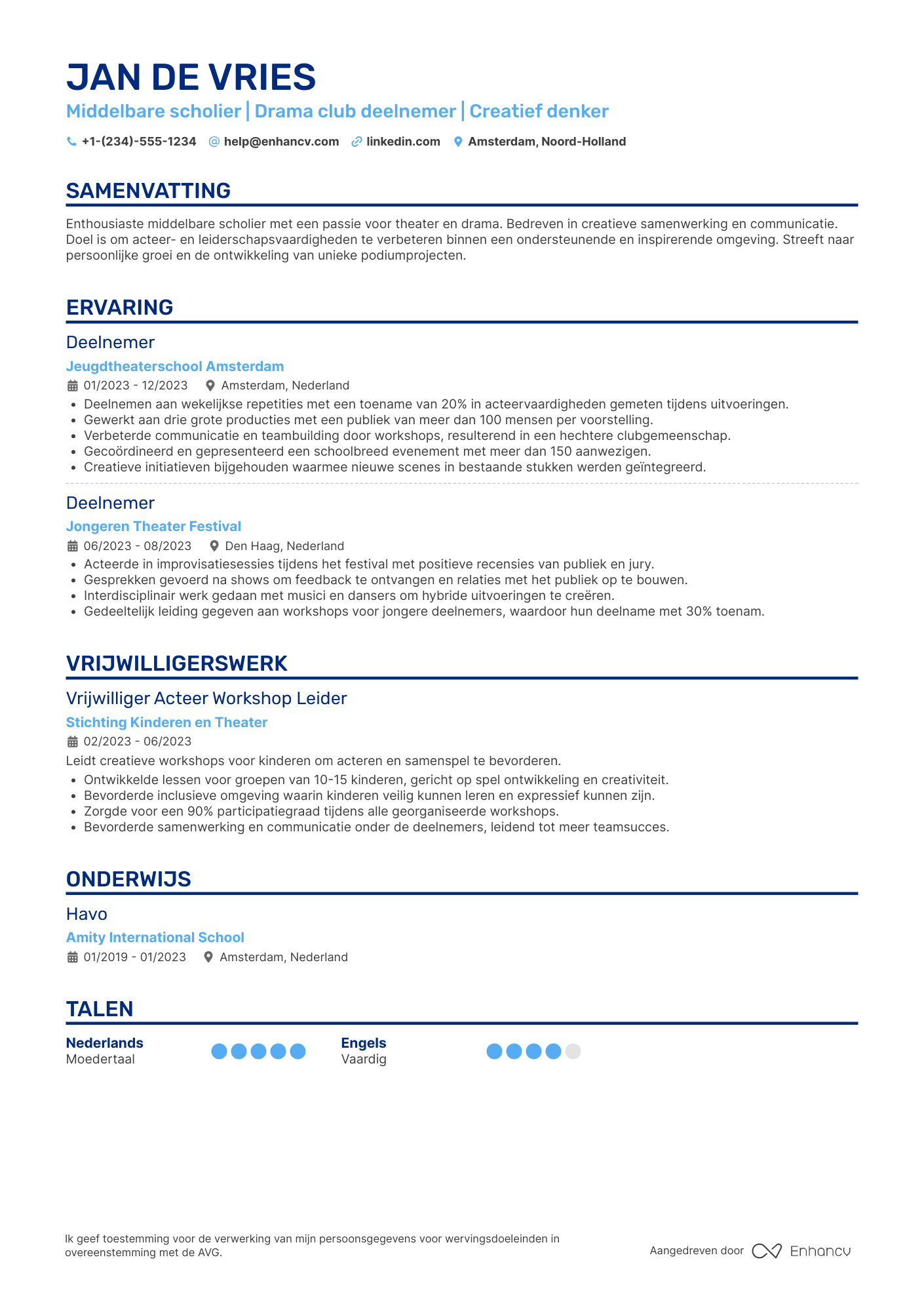 CV voor Middelbare School Student Drama Club Participant