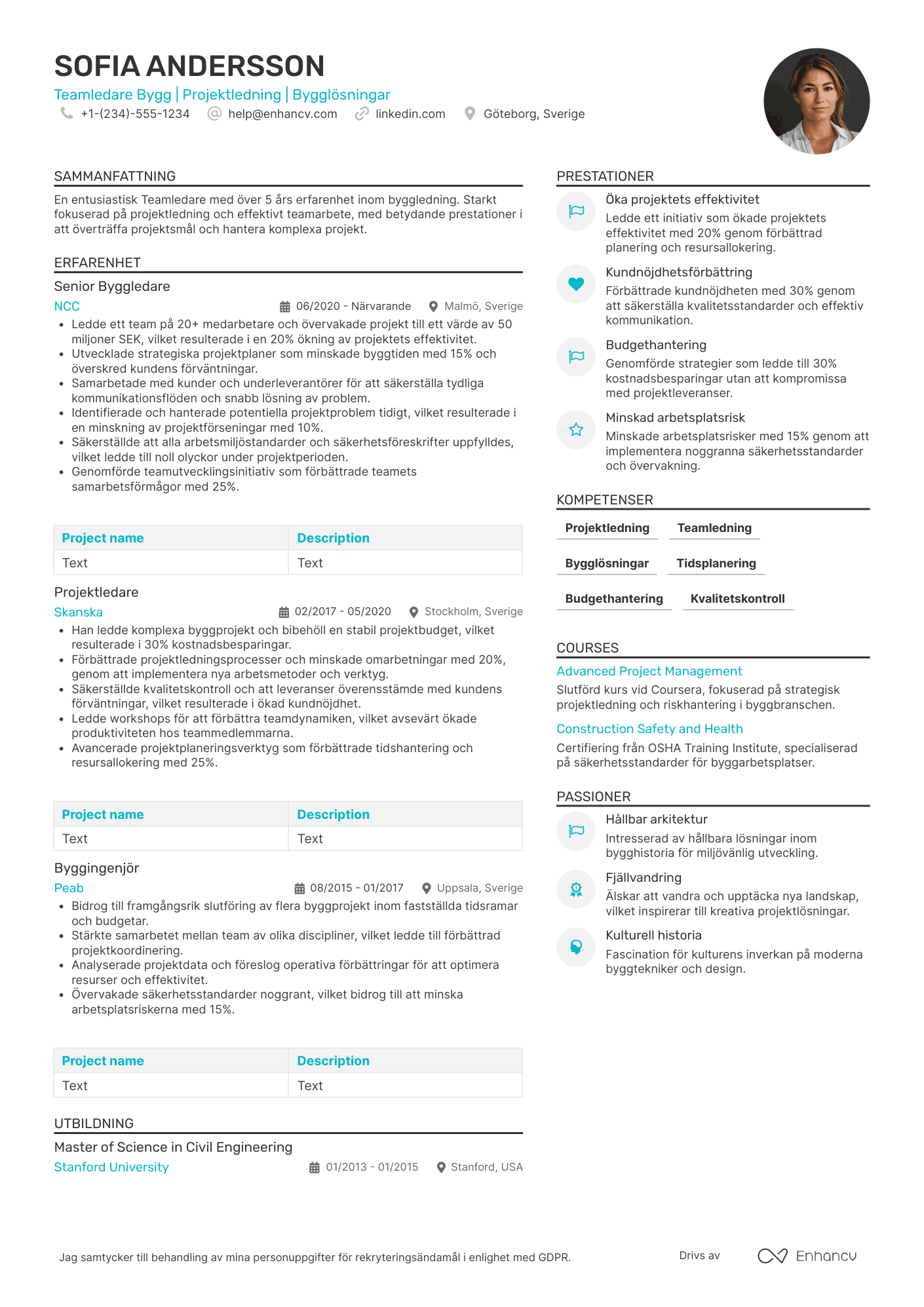 CV för Teamledare Bygg