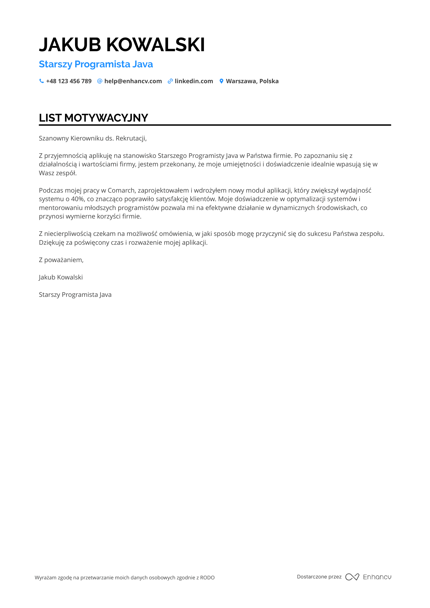 List motywacyjny dla Senior Java Developer