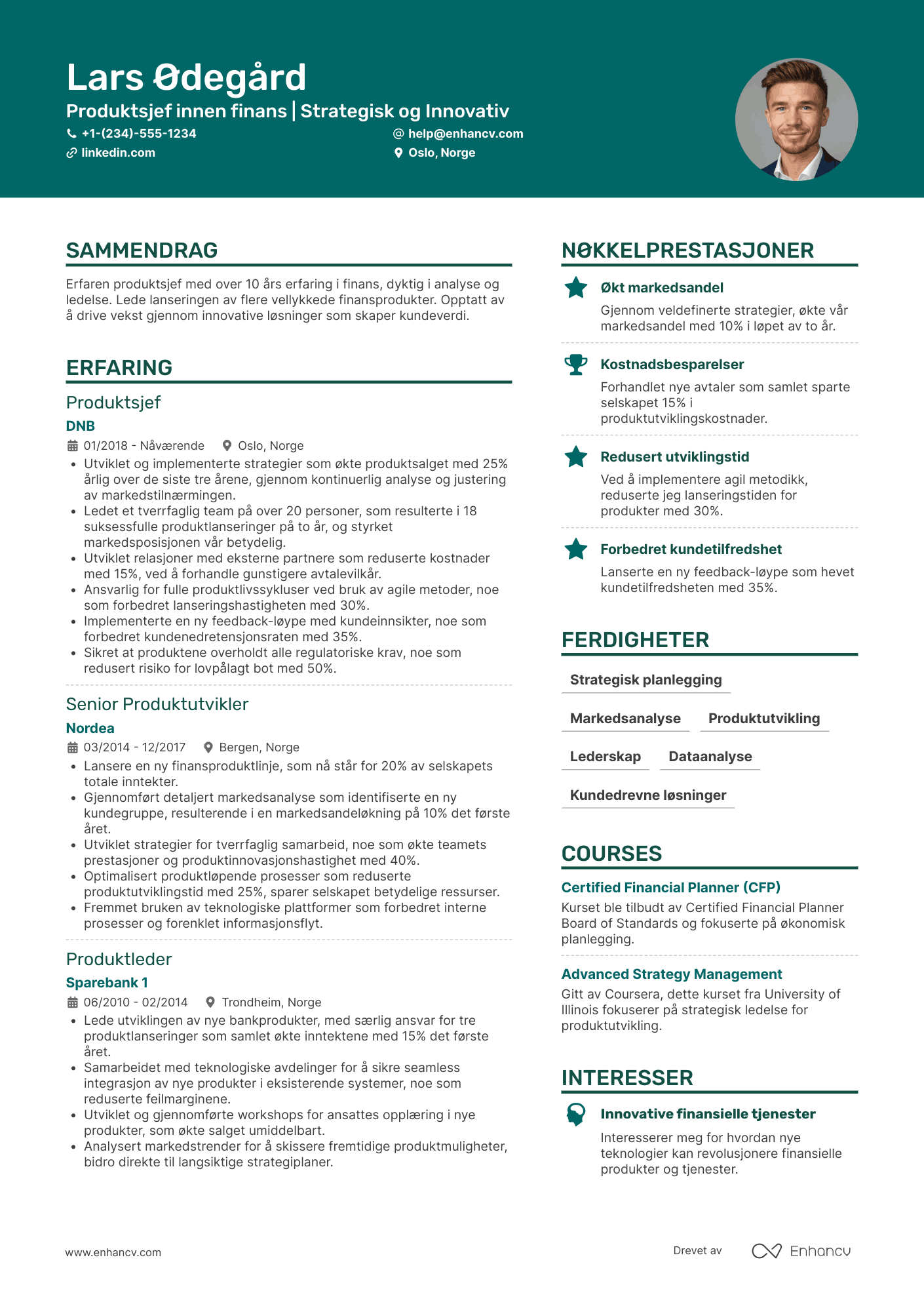 CV for Produktsjef innen finans