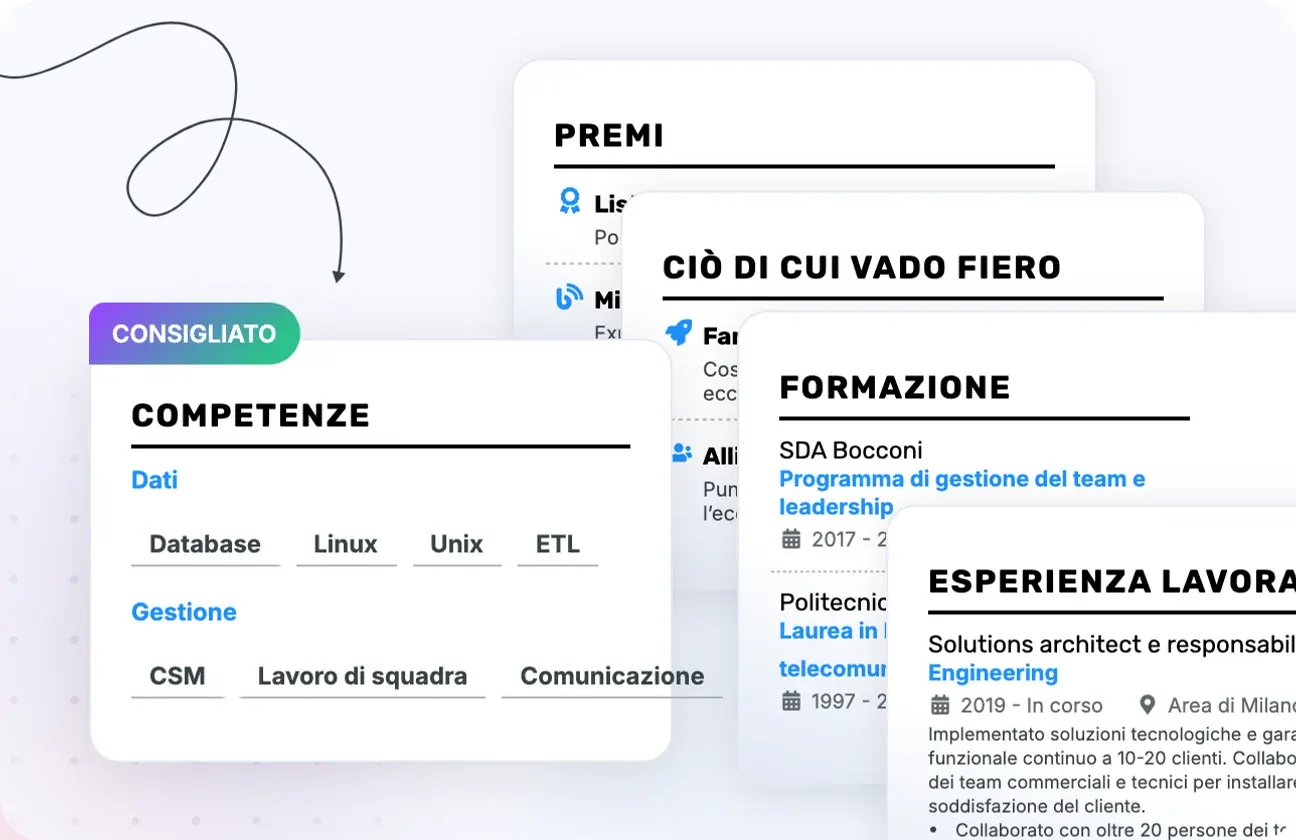 Scegli tra 20+ sezioni professionali per il tuo CV