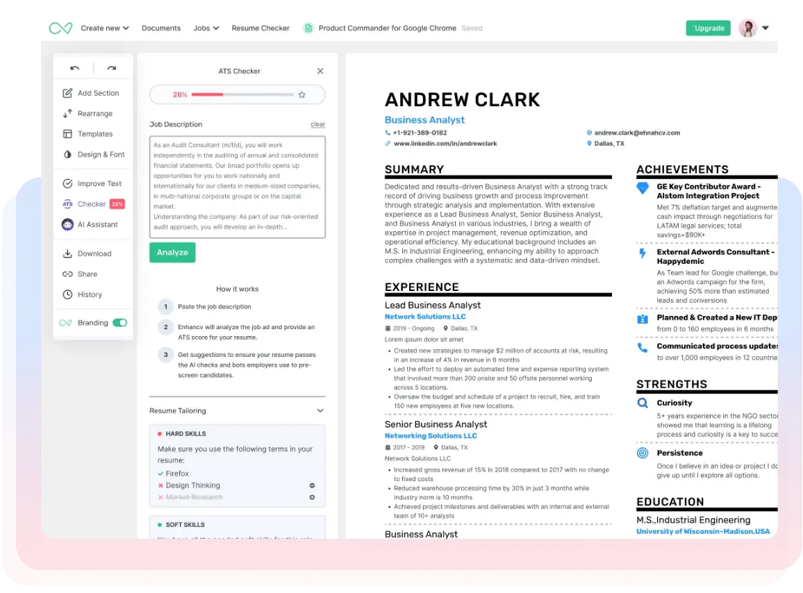 A screenshot of Enhancv's app showing the CV tailoring feature