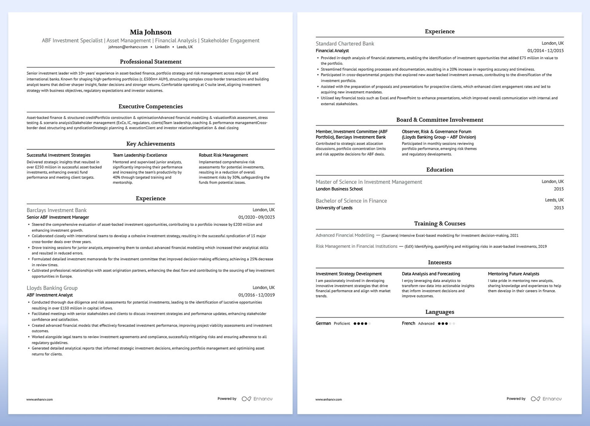 A two page CV for a VP of Finance