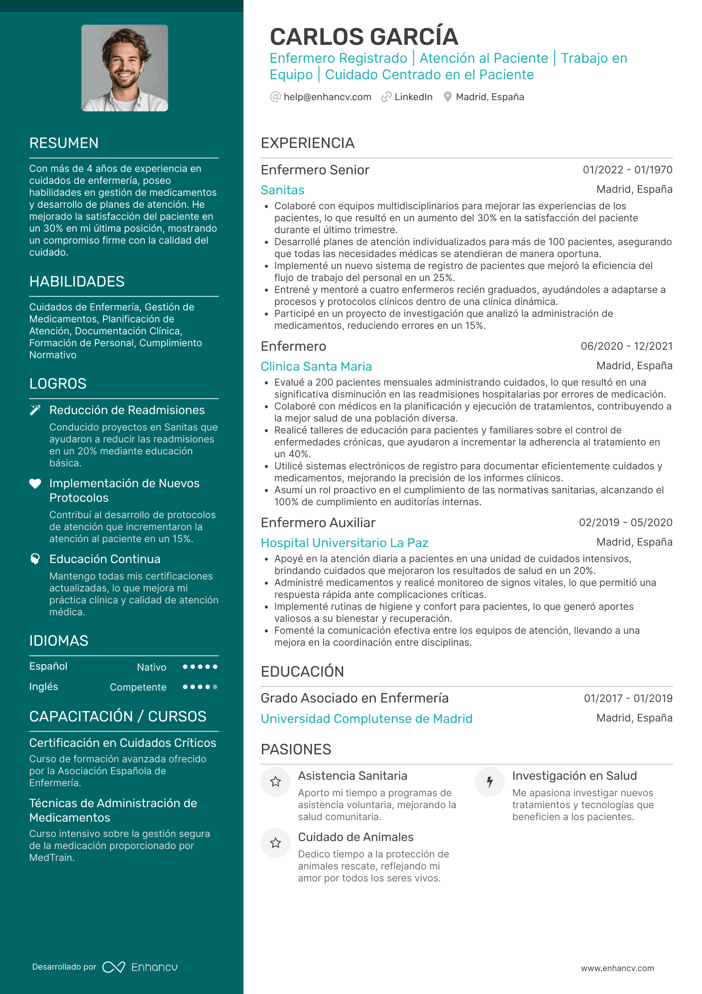 Enfermero Registrado | Atención al Paciente | Trabajo en Equipo | Cuidado Centrado en el Paciente Ejemplo de CV