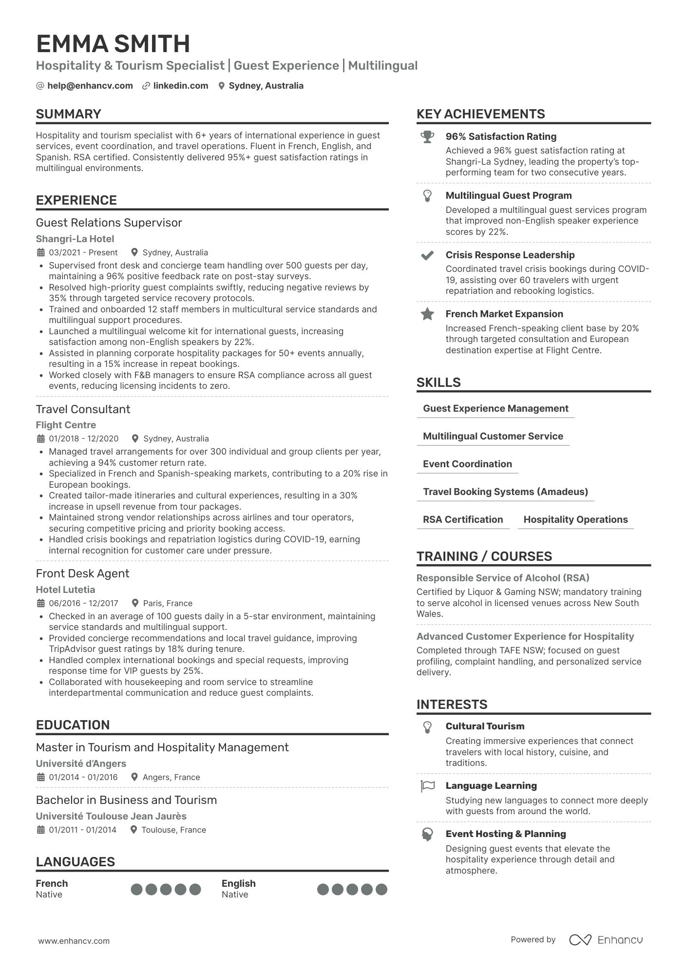 Hospitality &amp; Tourism Specialist | Guest Experience | Multilingual resume example