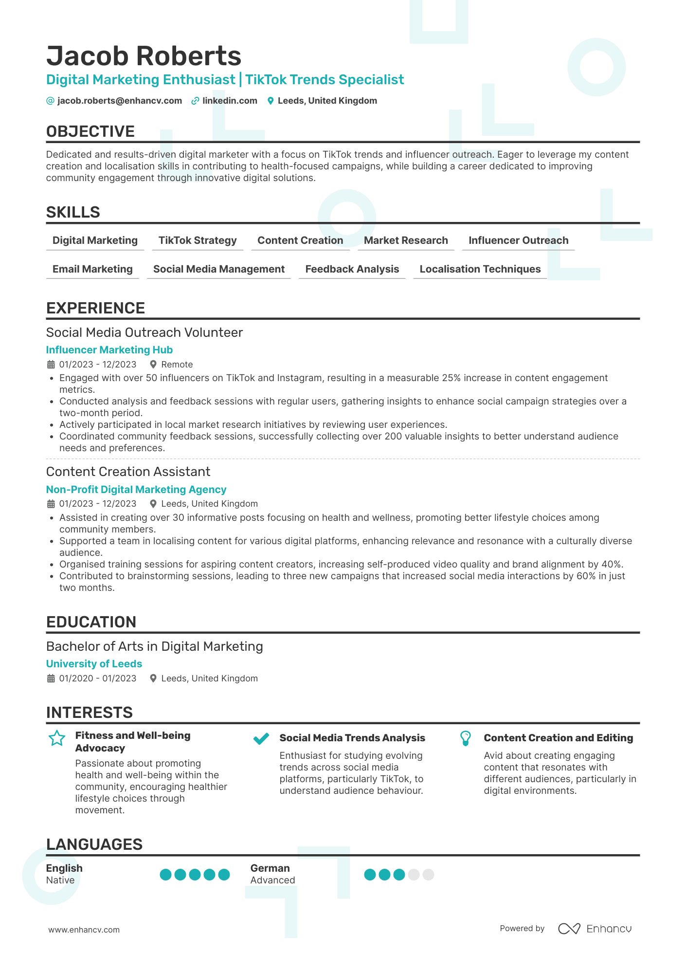 Digital Marketing Enthusiast | TikTok Trends Specialist resume example