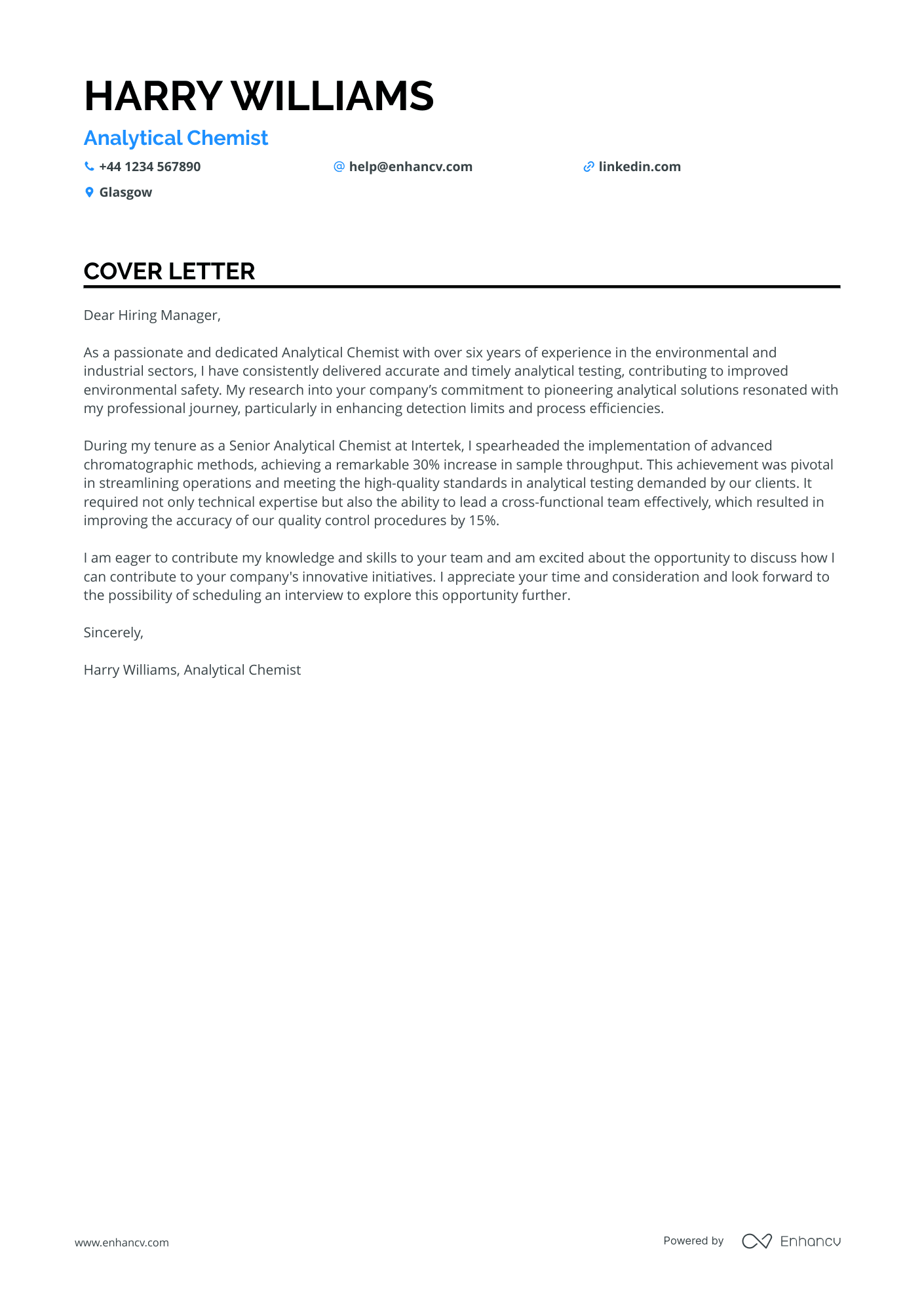 Chemist cover letter example