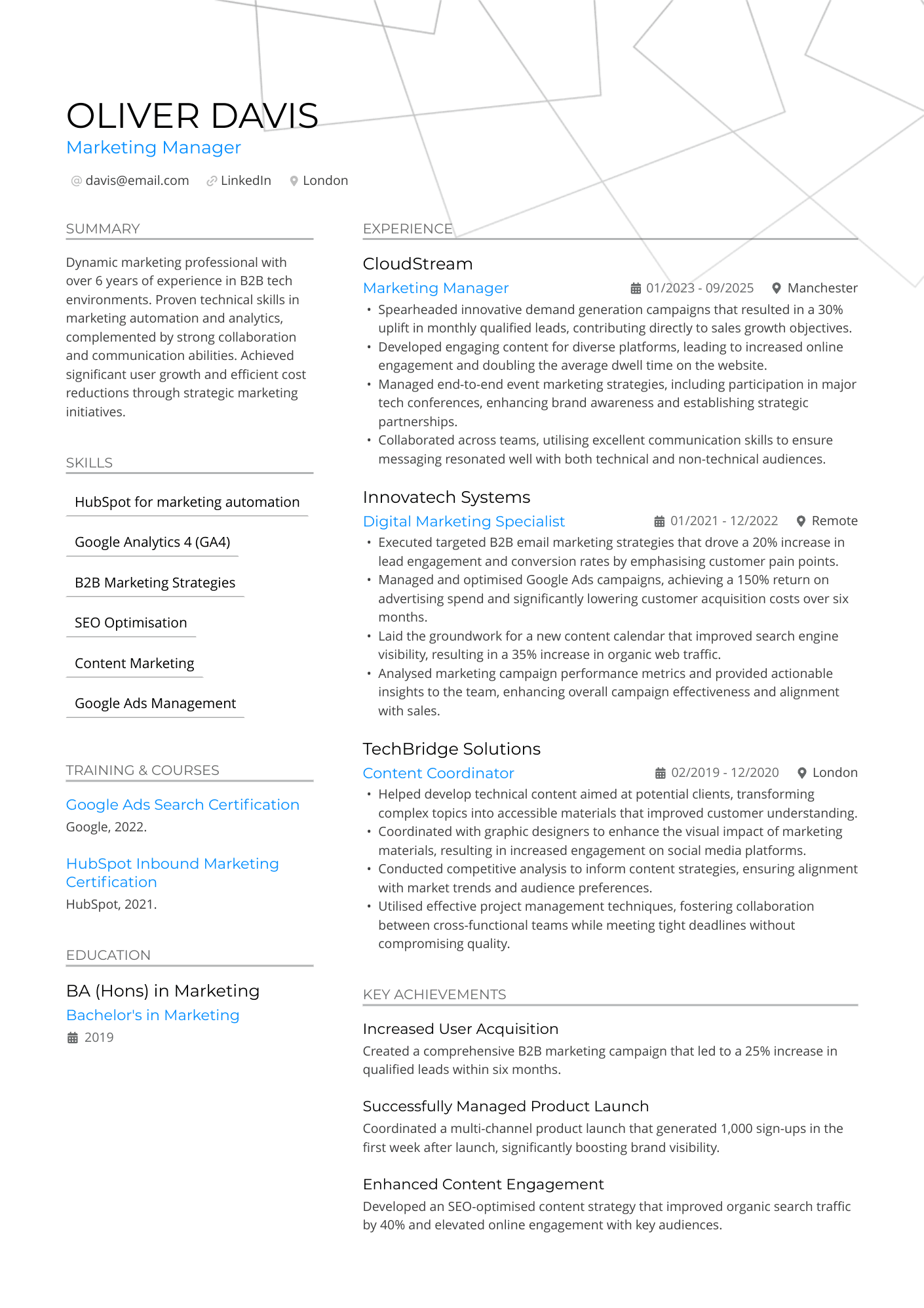 Marketing Manager CV Example
