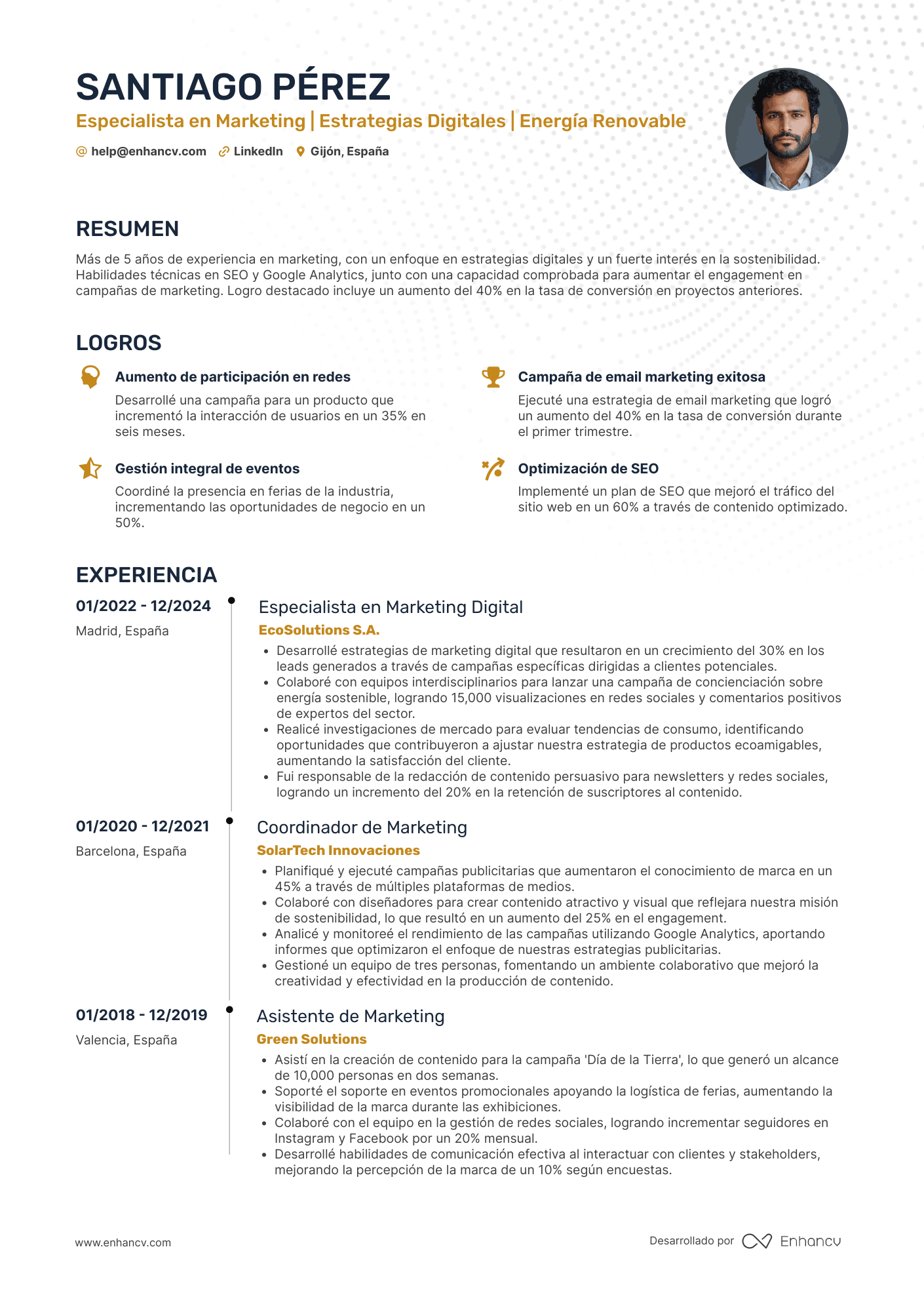 Especialista en Marketing | Estrategias Digitales | Energía Renovable Ejemplo de CV